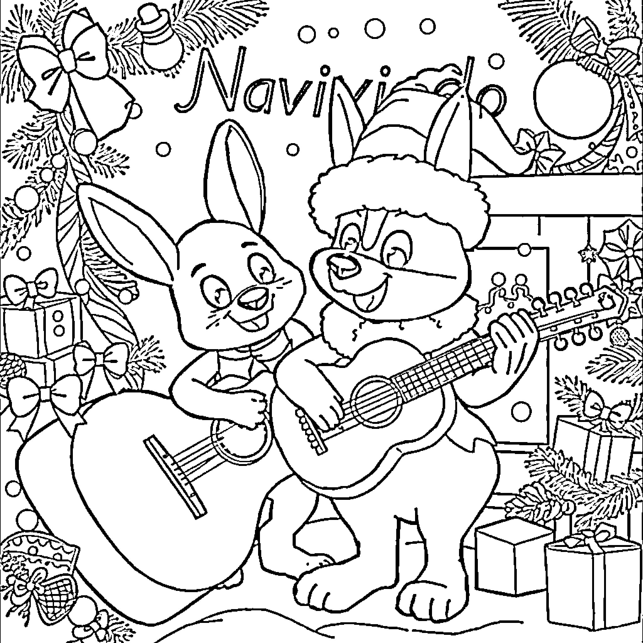 Huntrix's Musical Holiday Celebration Coloring Page (free black-and-white line drawing printable PDF for all, from beginners to advanced learners, including children, teens, adults, and seniors)