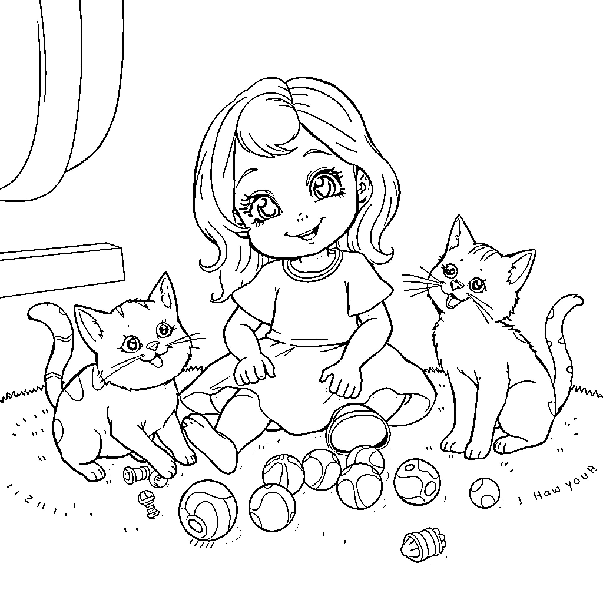 Cat and child playing with kittens Coloring Page (free black-and-white line drawing printable PDF for all, from beginners to advanced learners, including children, teens, adults, and seniors)