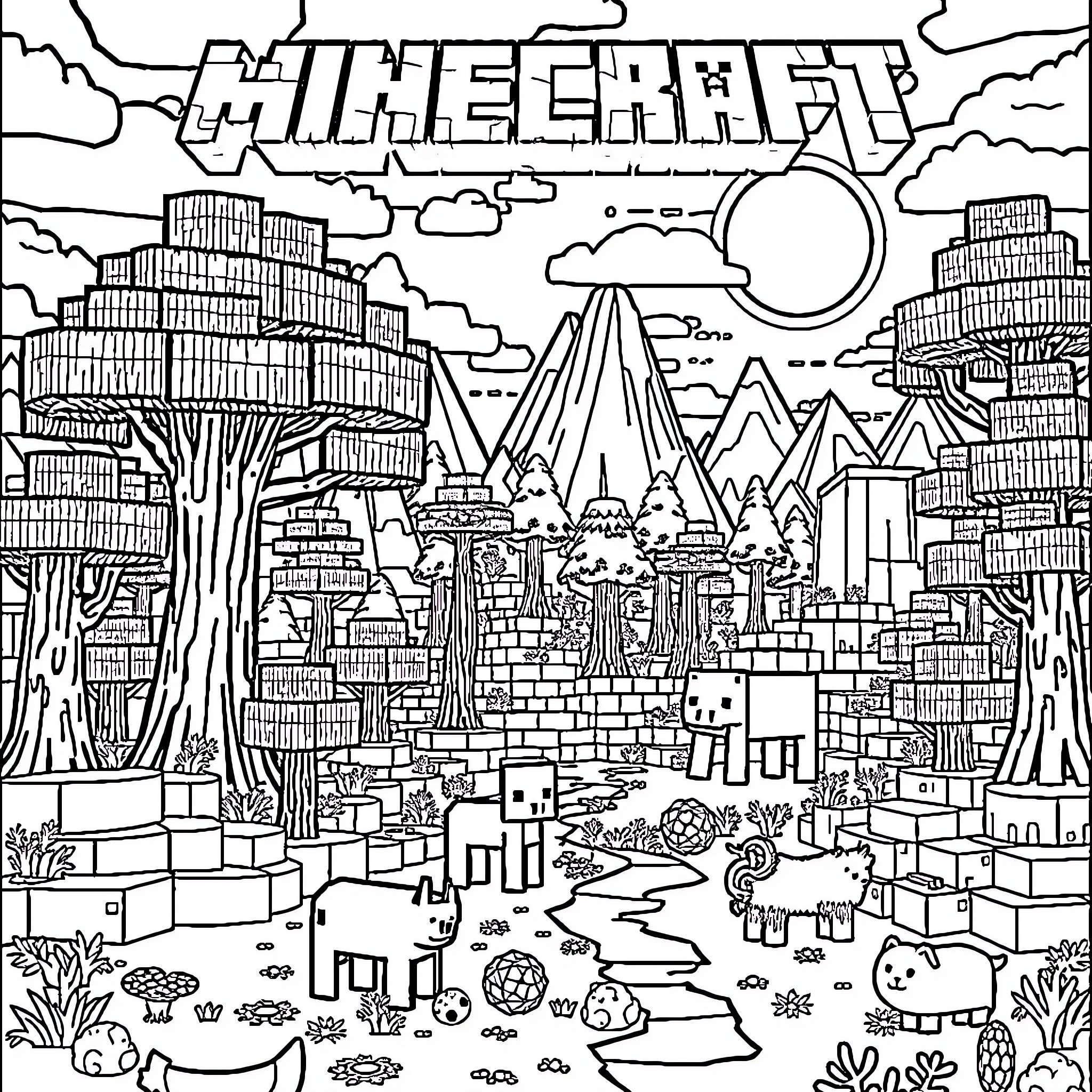 Minecraft World Landscape with Diverse Structures Coloring Page (free black-and-white line drawing printable PDF for all, from beginners to advanced learners, including children, teens, adults, and seniors)