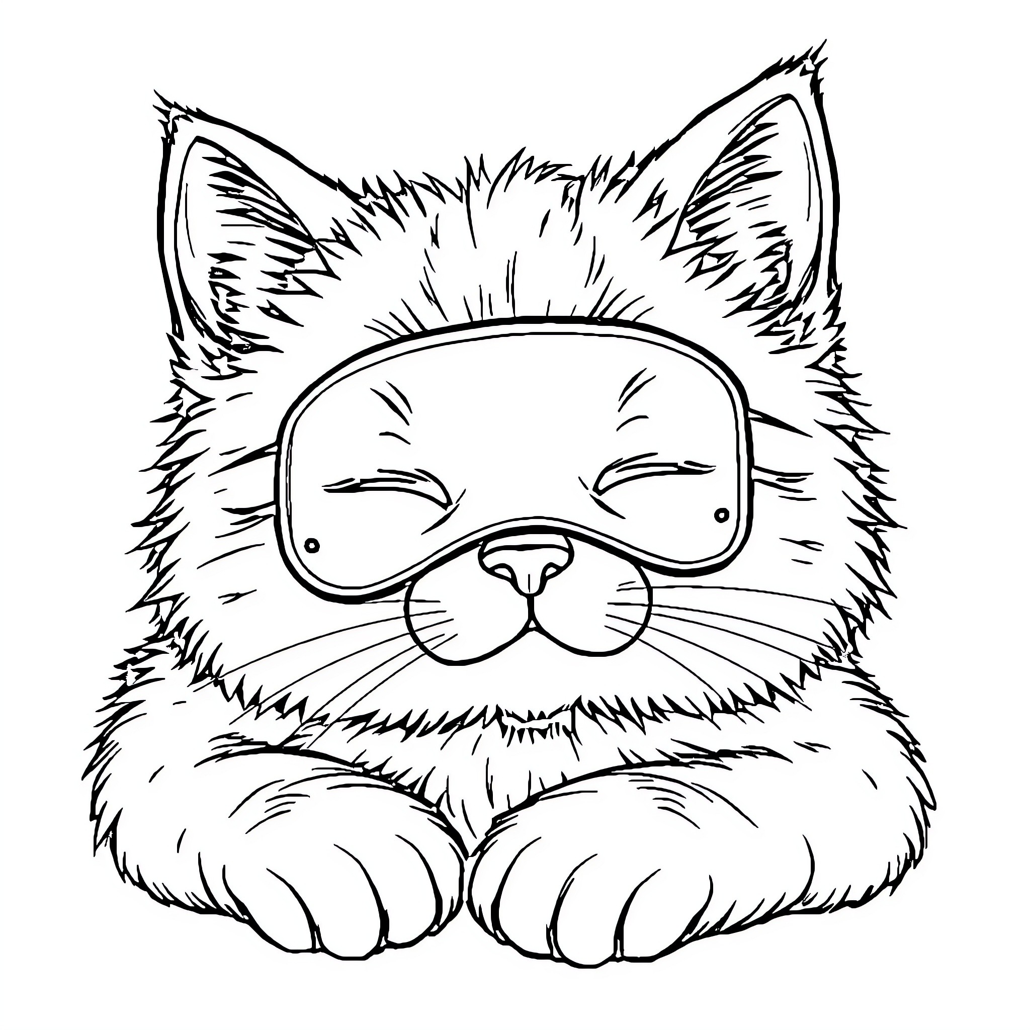 Kitty wearing goggles napping Coloring Page (free black-and-white line drawing printable PDF for all, from beginners to advanced learners, including children, teens, adults, and seniors)