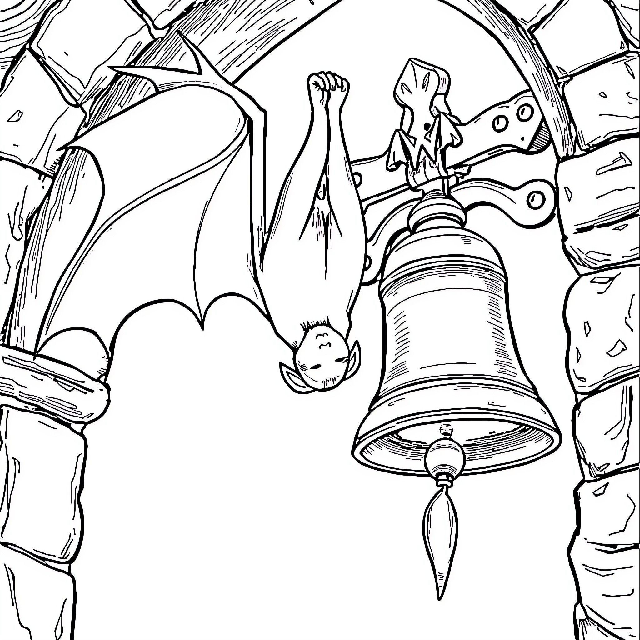 Bat hanging upside down on church bell Coloring Page (free black-and-white line drawing printable PDF for all, from beginners to advanced learners, including children, teens, adults, and seniors)