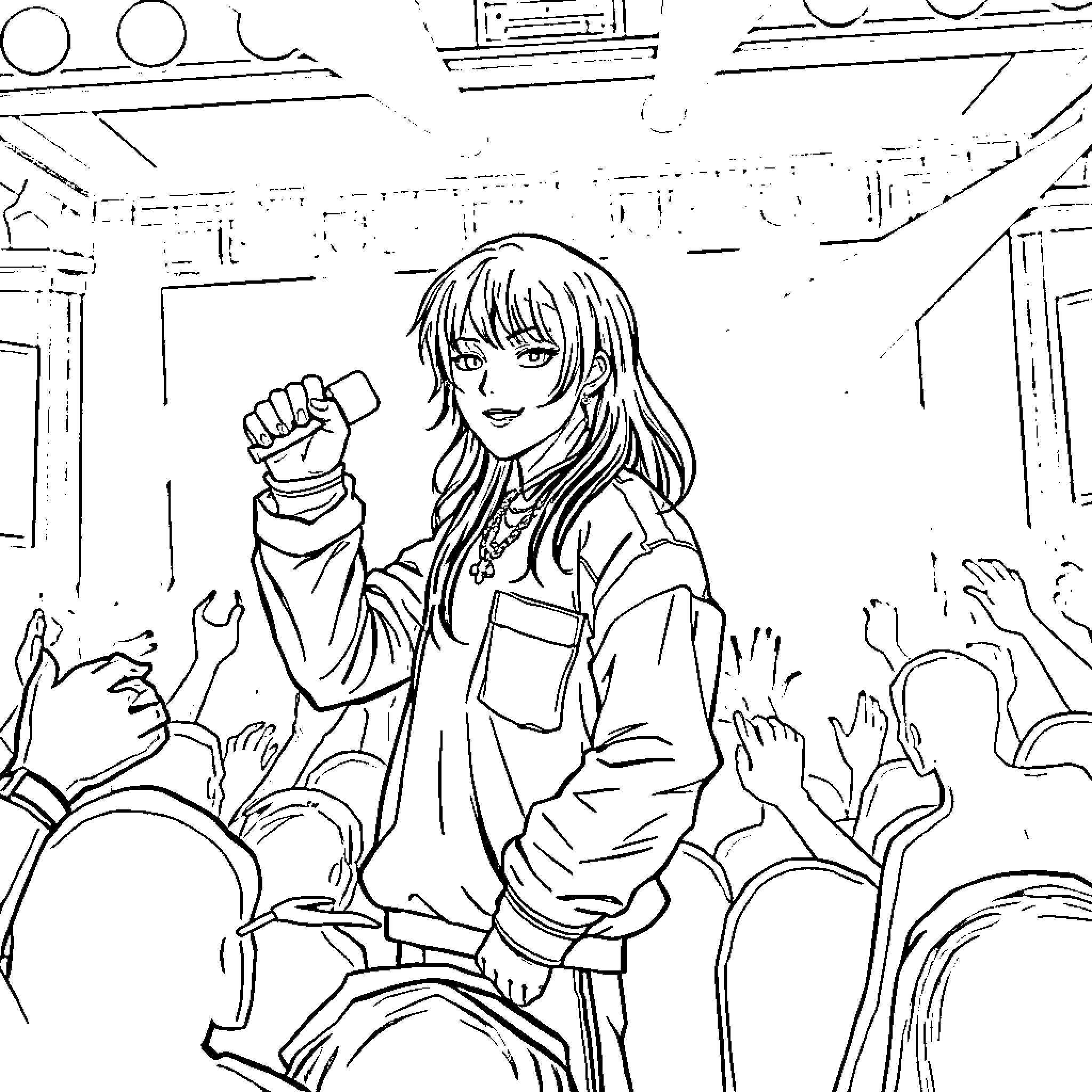 Huntrix Performing for Cheering Crowd Coloring Page (free black-and-white line drawing printable PDF for all, from beginners to advanced learners, including children, teens, adults, and seniors)