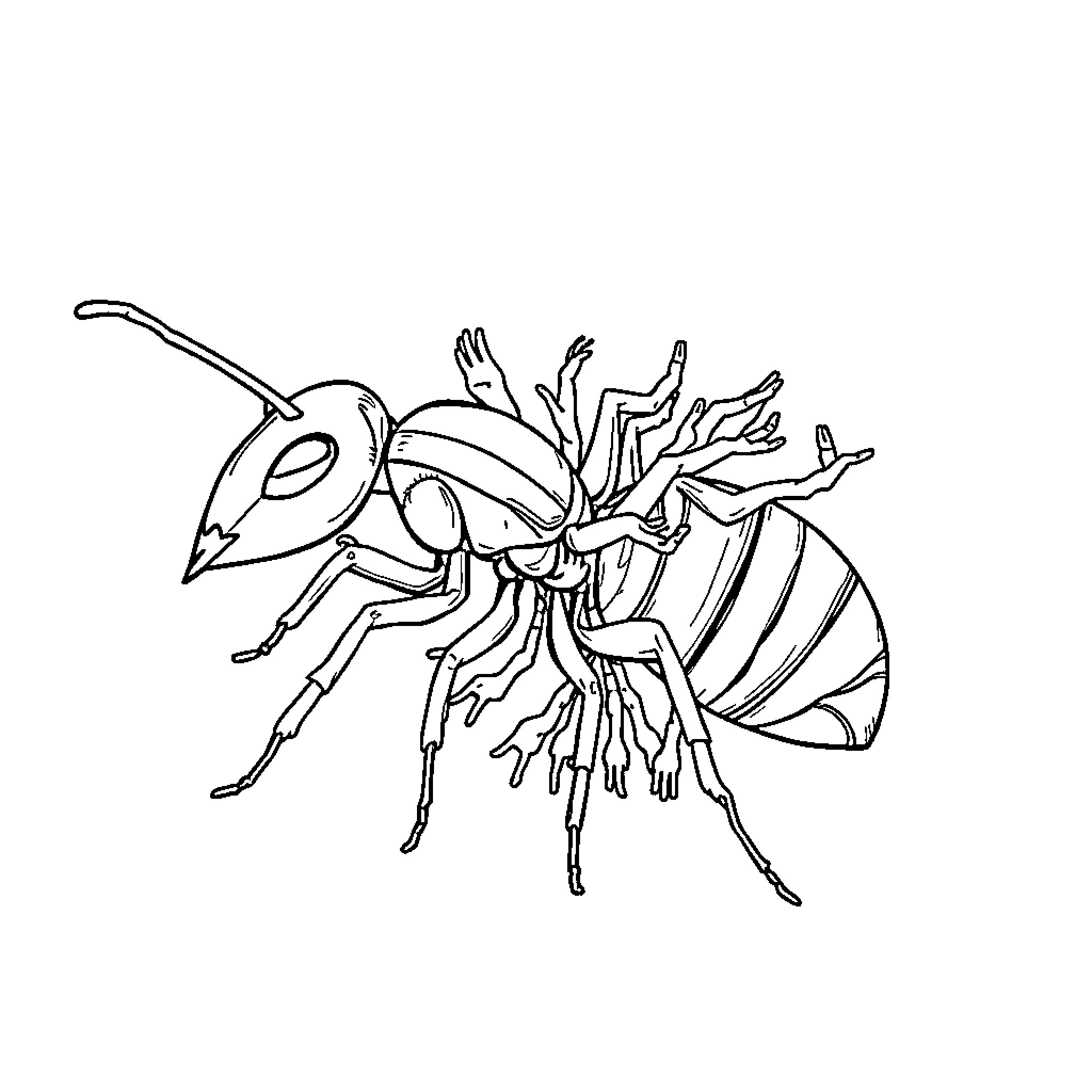 Ant with intricate body structure Coloring Page (free black-and-white line drawing printable PDF for all, from beginners to advanced learners, including children, teens, adults, and seniors)