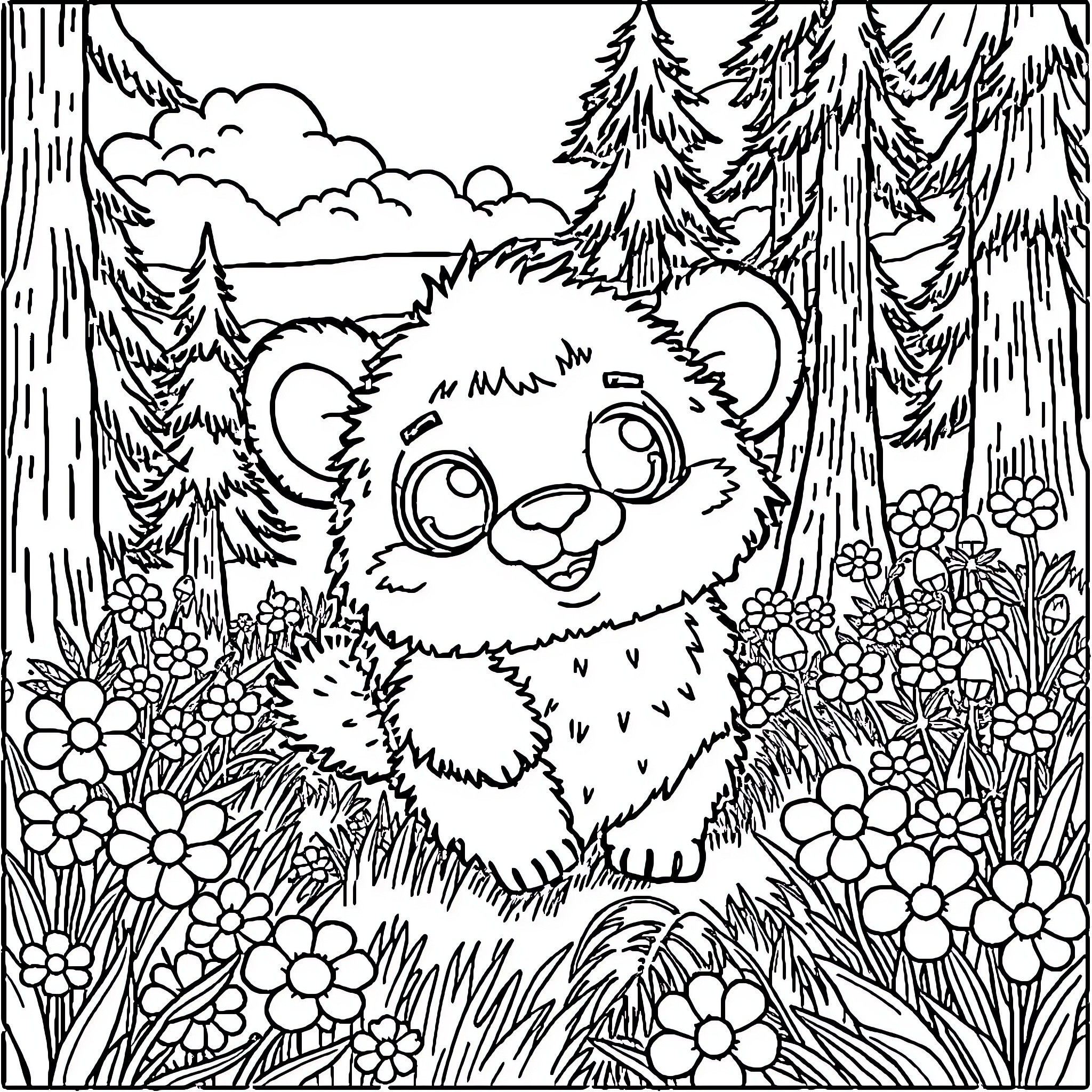 Labubu's Cozy Forest Adventure Coloring Page (free black-and-white line drawing printable PDF for all, from beginners to advanced learners, including children, teens, adults, and seniors)
