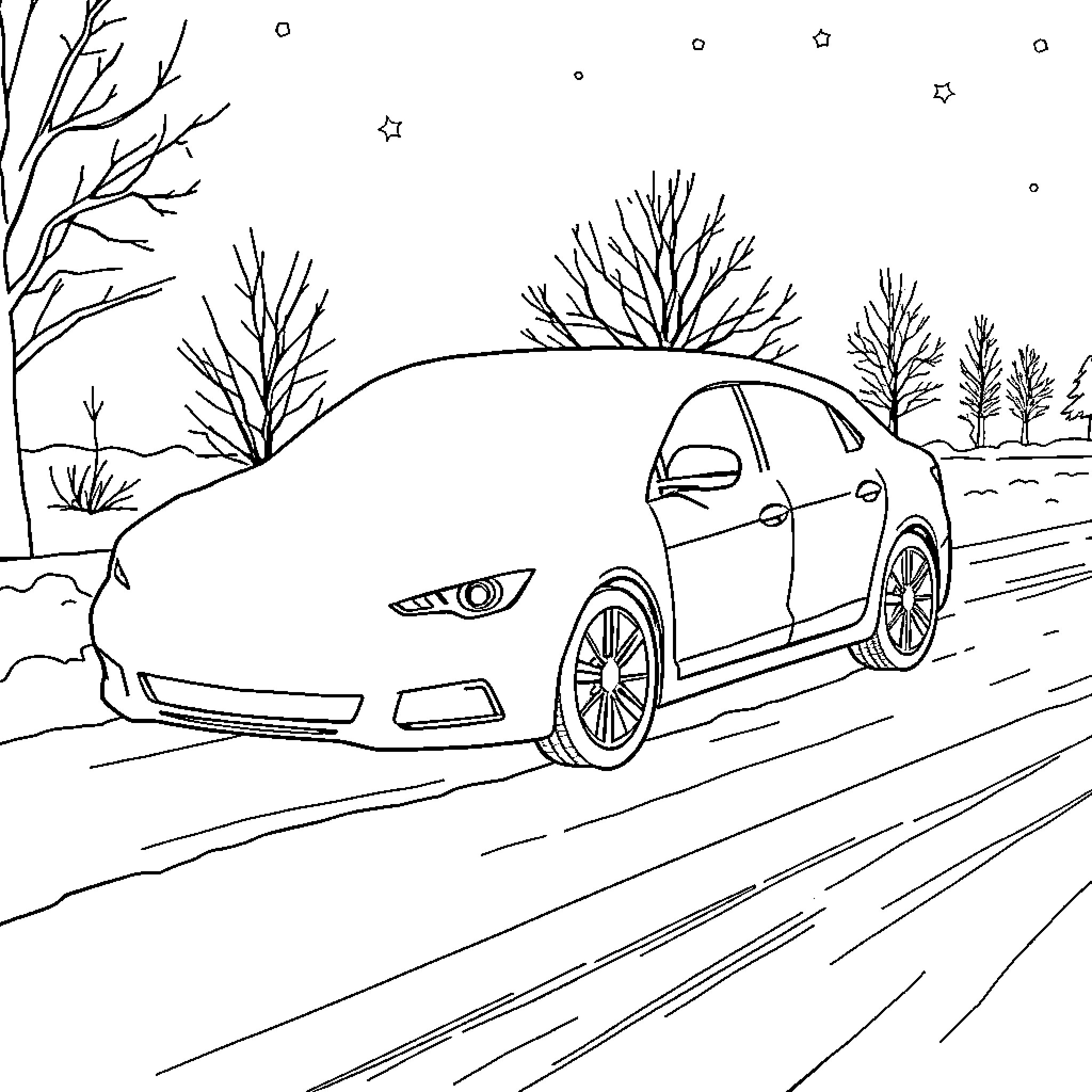 Car driving on snowy road in winter landscape Coloring Page (free black-and-white line drawing printable PDF for all, from beginners to advanced learners, including children, teens, adults, and seniors)