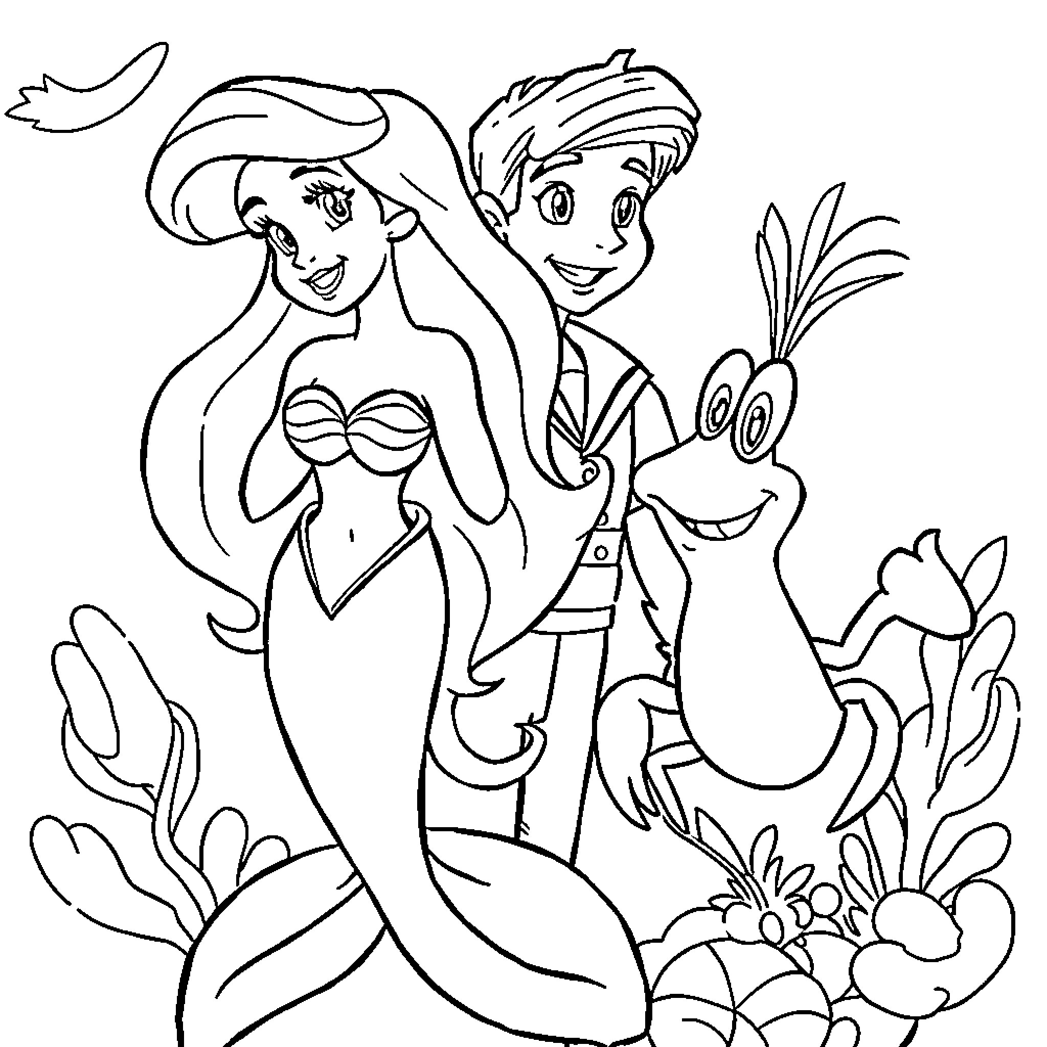 Mermaid and her Aquatic Friends Coloring Page (free black-and-white line drawing printable PDF for all, from beginners to advanced learners, including children, teens, adults, and seniors)
