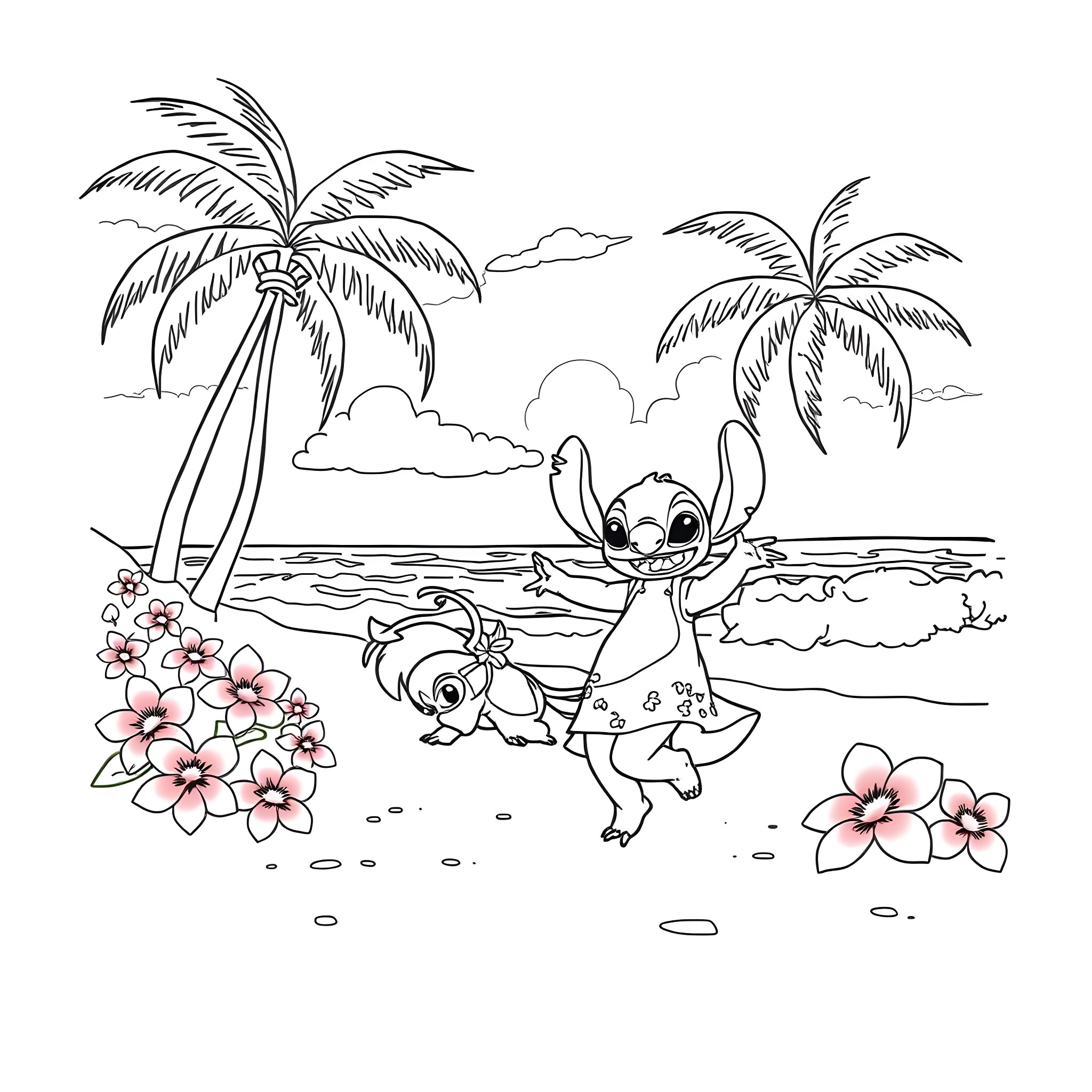 Lilo playing happily with Stitch on the beach Coloring Page (free black-and-white line drawing printable PDF for all, from beginners to advanced learners, including children, teens, adults, and seniors)
