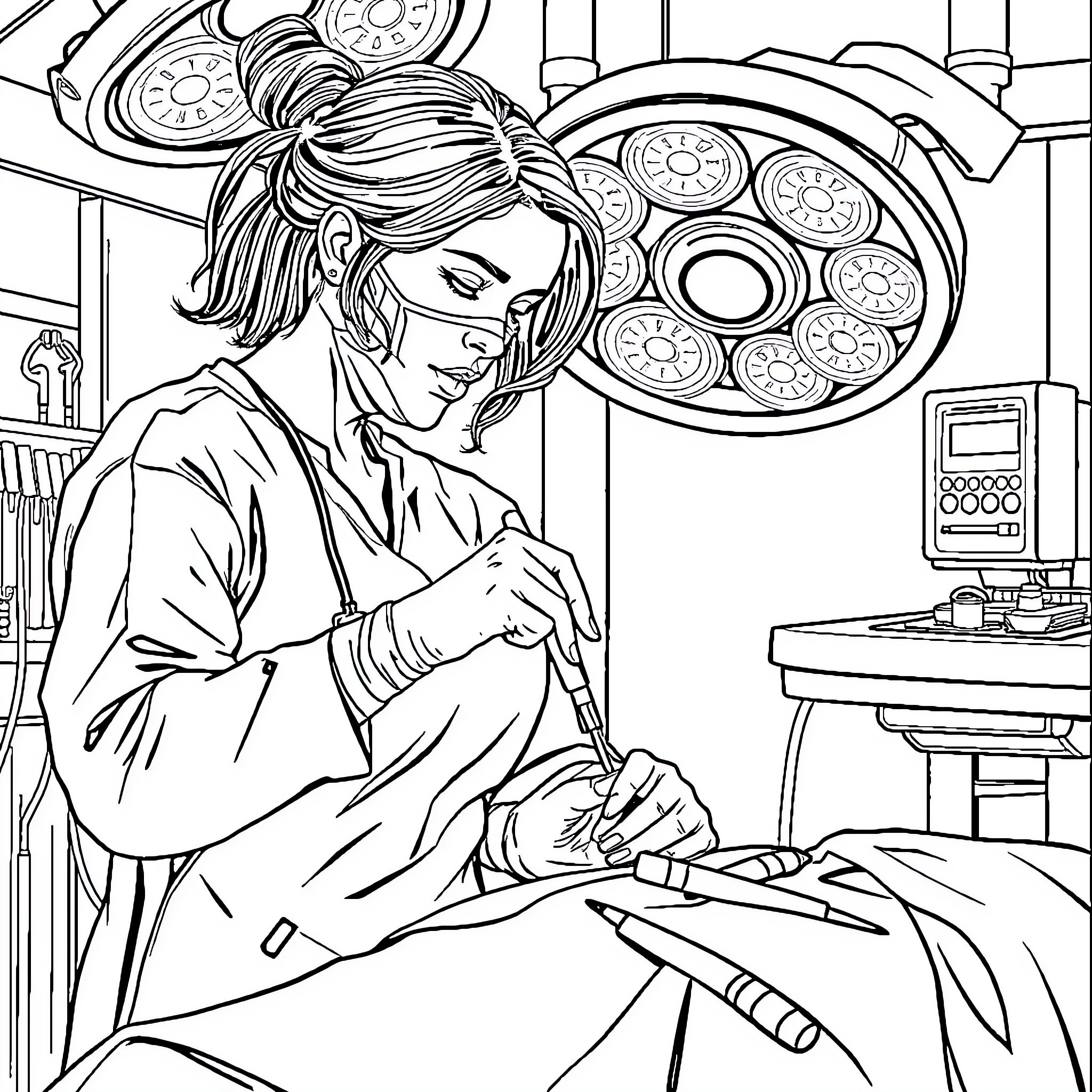 Meredith Grey Performing Surgical Procedure Coloring Page (free black-and-white line drawing printable PDF for all, from beginners to advanced learners, including children, teens, adults, and seniors)