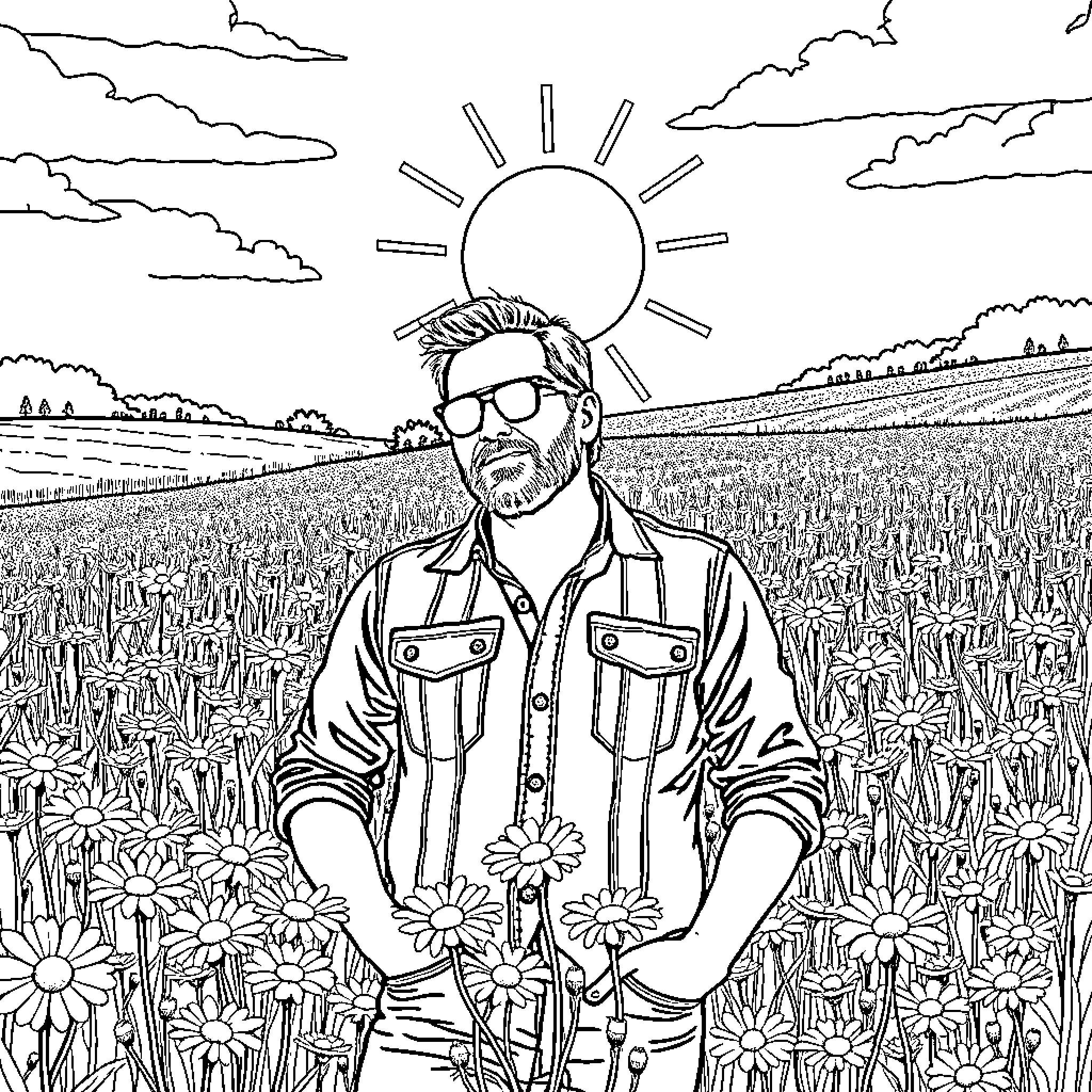 Eric Church standing amidst a field of flowers Coloring Page (free black-and-white line drawing printable PDF for all, from beginners to advanced learners, including children, teens, adults, and seniors)