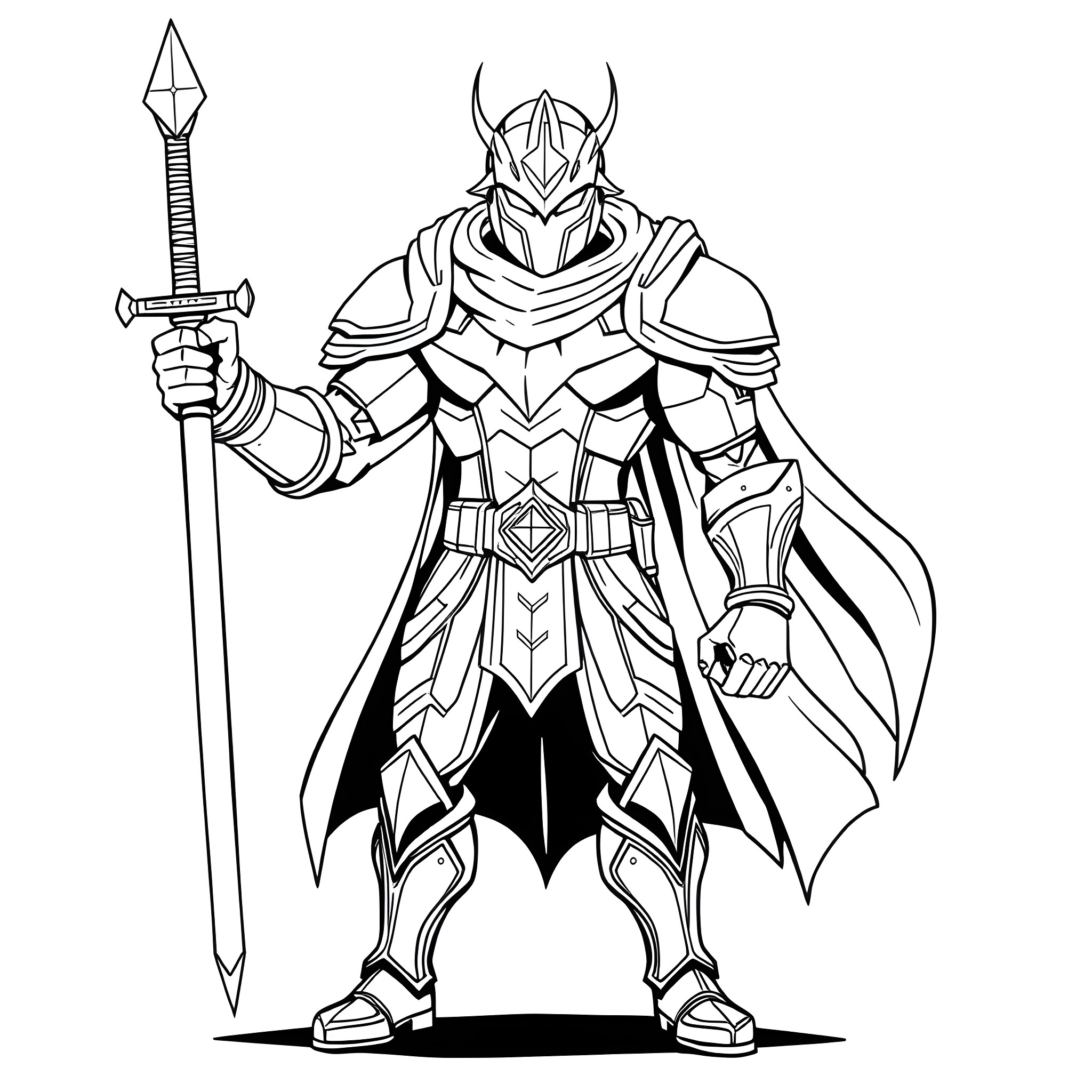 Magna Defender wielding a powerful sword in warrior stance Coloring Page (free black-and-white line drawing printable PDF for all, from beginners to advanced learners, including children, teens, adults, and seniors)