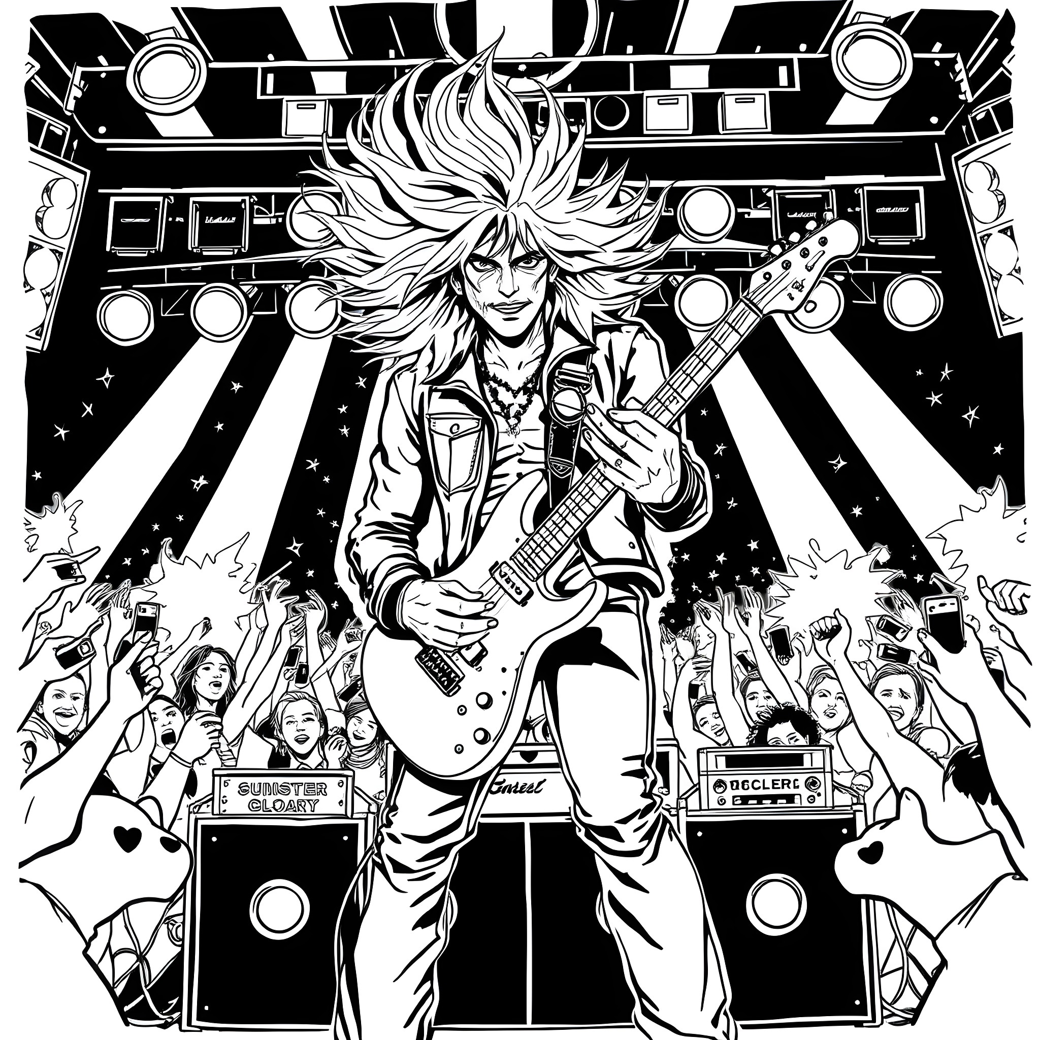 Rock Star Performing on Stage with Adoring Crowd Coloring Page (free black-and-white line drawing printable PDF for all, from beginners to advanced learners, including children, teens, adults, and seniors)