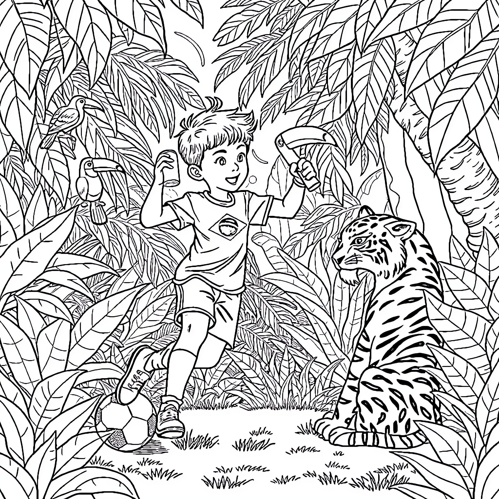 Boy exploring the jungle with a tiger Coloring Page (free black-and-white line drawing printable PDF for all, from beginners to advanced learners, including children, teens, adults, and seniors)