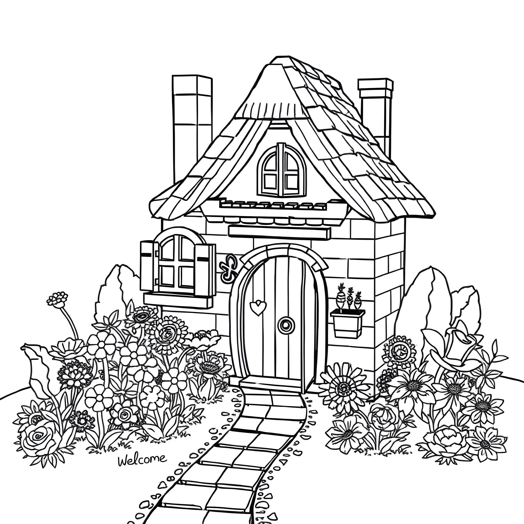 Lego Brick Cottage with Blooming Flowers Coloring Page (free black-and-white line drawing printable PDF for all, from beginners to advanced learners, including children, teens, adults, and seniors)