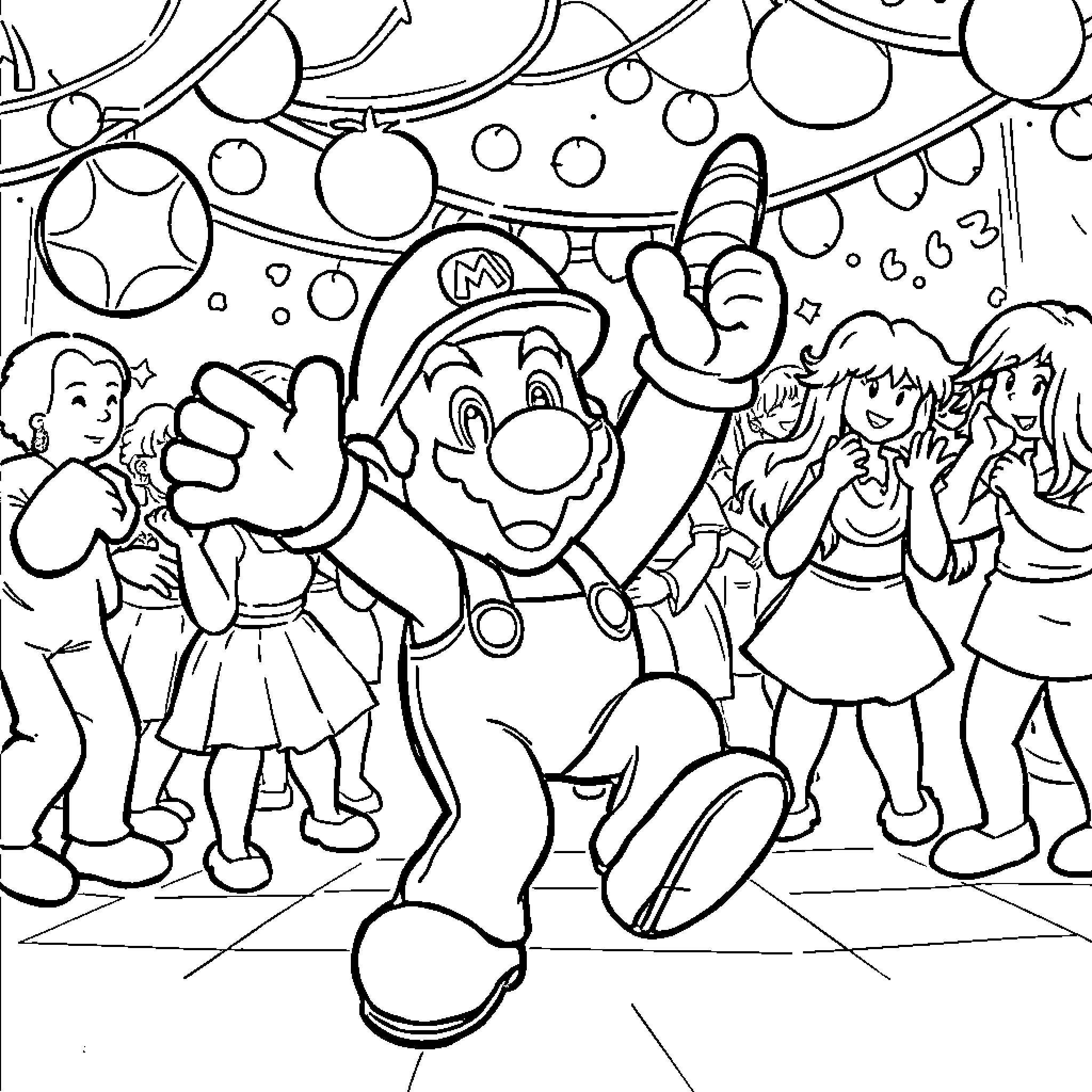Mario celebrates with friends in festive party scene Coloring Page (free black-and-white line drawing printable PDF for all, from beginners to advanced learners, including children, teens, adults, and seniors)