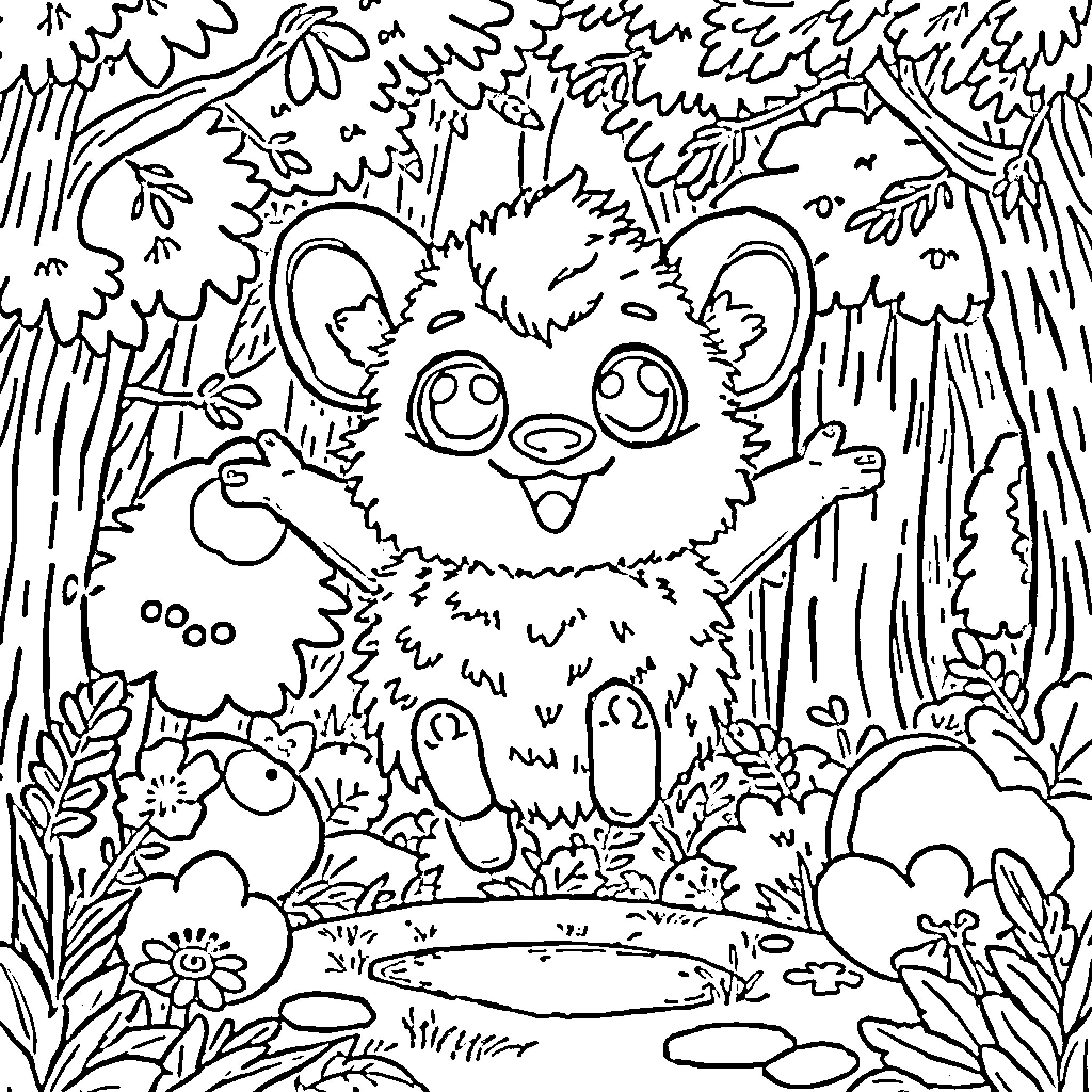 Labubu's Joyful Encounter in the Lush Woodland Coloring Page (free black-and-white line drawing printable PDF for all, from beginners to advanced learners, including children, teens, adults, and seniors)
