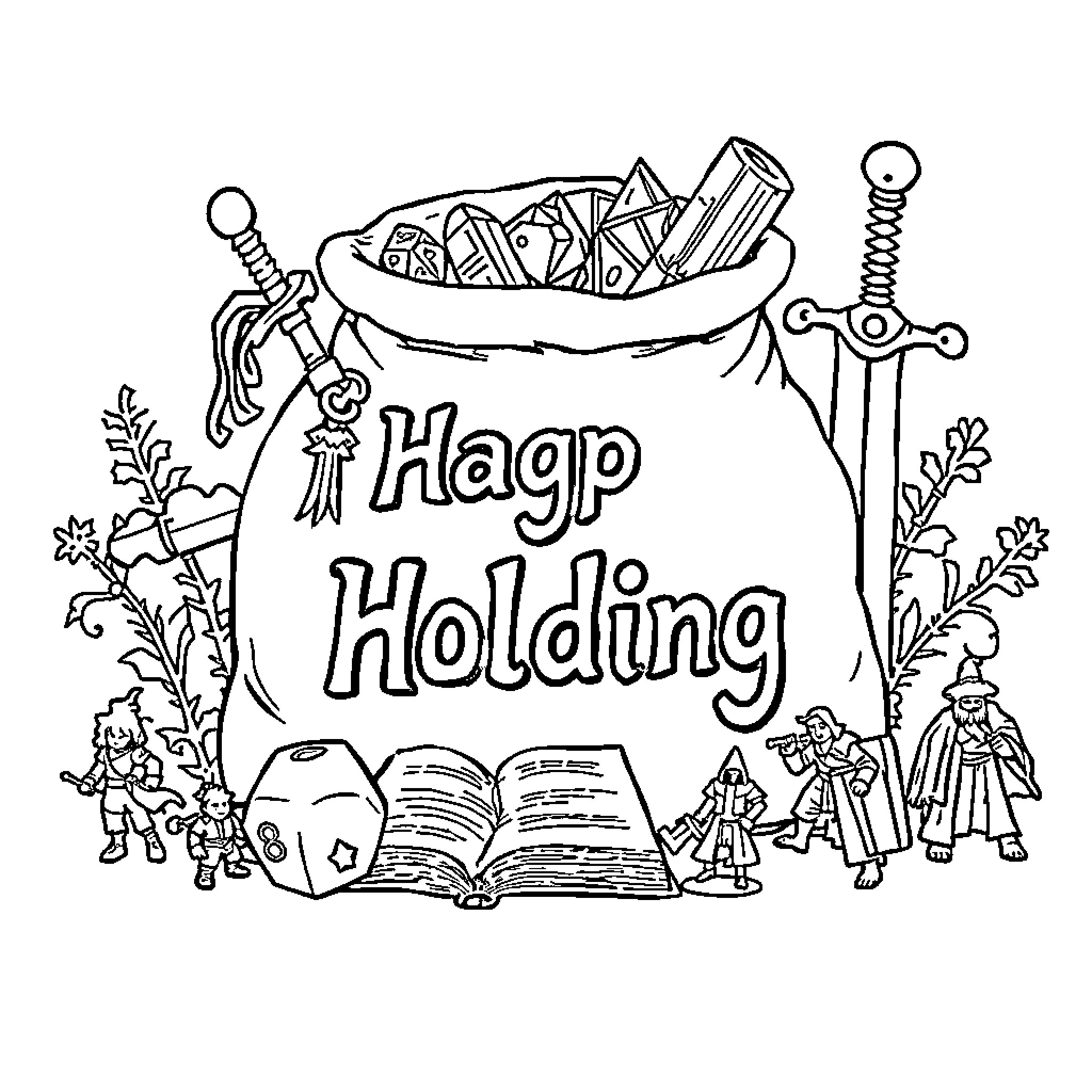 Bag of Whimsical Treasures and Adventures Coloring Page (free black-and-white line drawing printable PDF for all, from beginners to advanced learners, including children, teens, adults, and seniors)