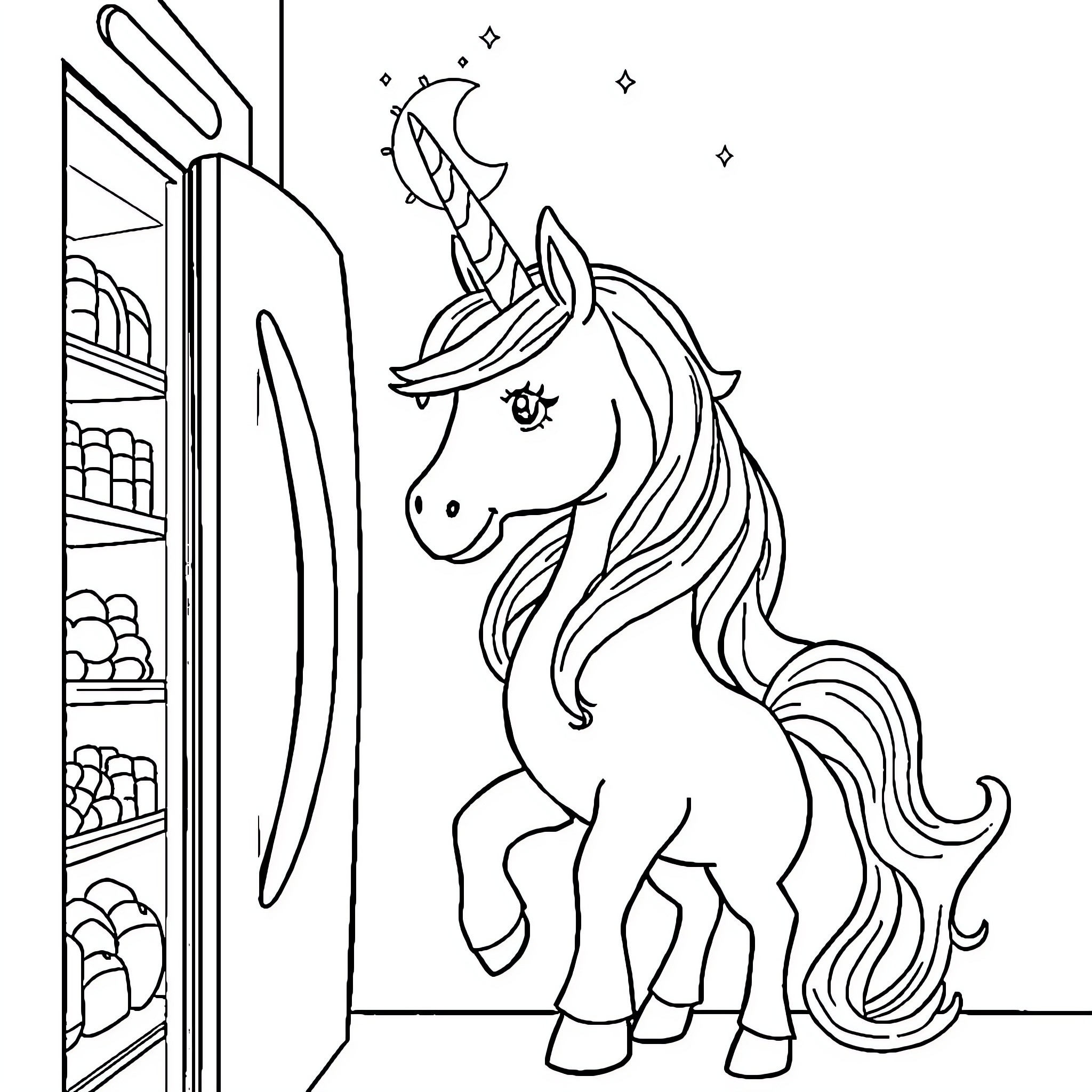 Unicorn exploring a magical pantry Coloring Page (free black-and-white line drawing printable PDF for all, from beginners to advanced learners, including children, teens, adults, and seniors)