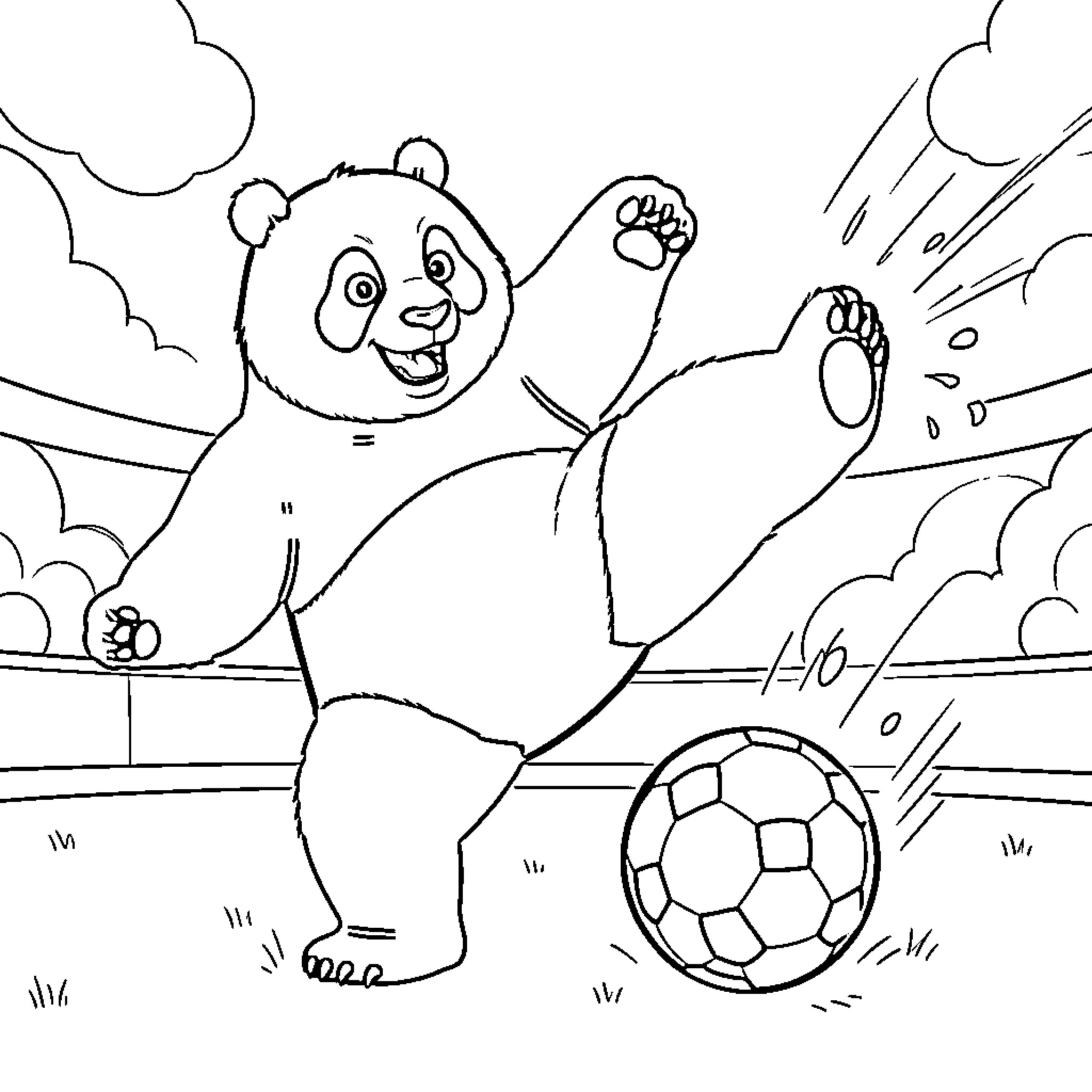 Kungfu Panda kicking a soccer ball with joy Coloring Page (free black-and-white line drawing printable PDF for all, from beginners to advanced learners, including children, teens, adults, and seniors)