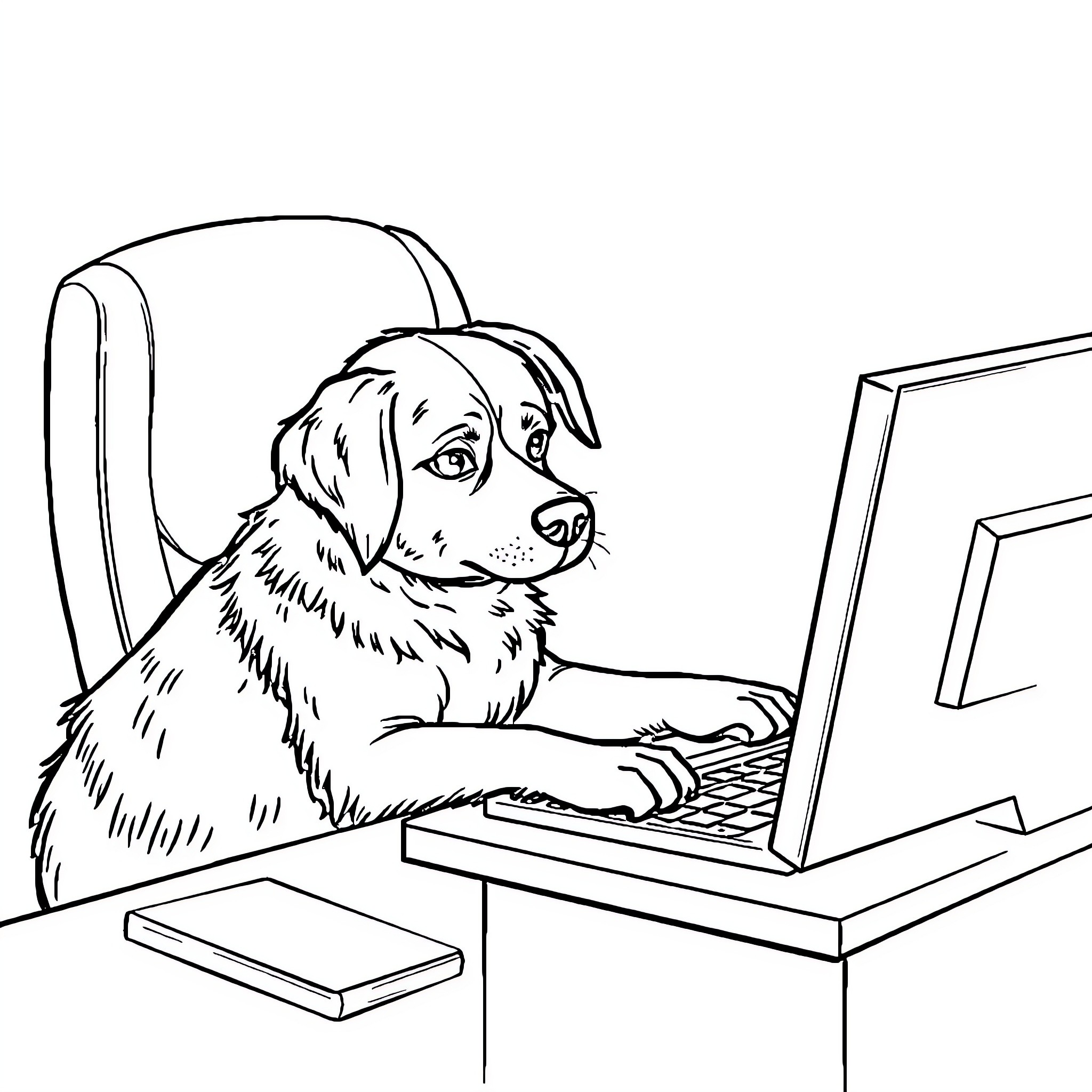 Dog working intently on laptop computer Coloring Page (free black-and-white line drawing printable PDF for all, from beginners to advanced learners, including children, teens, adults, and seniors)