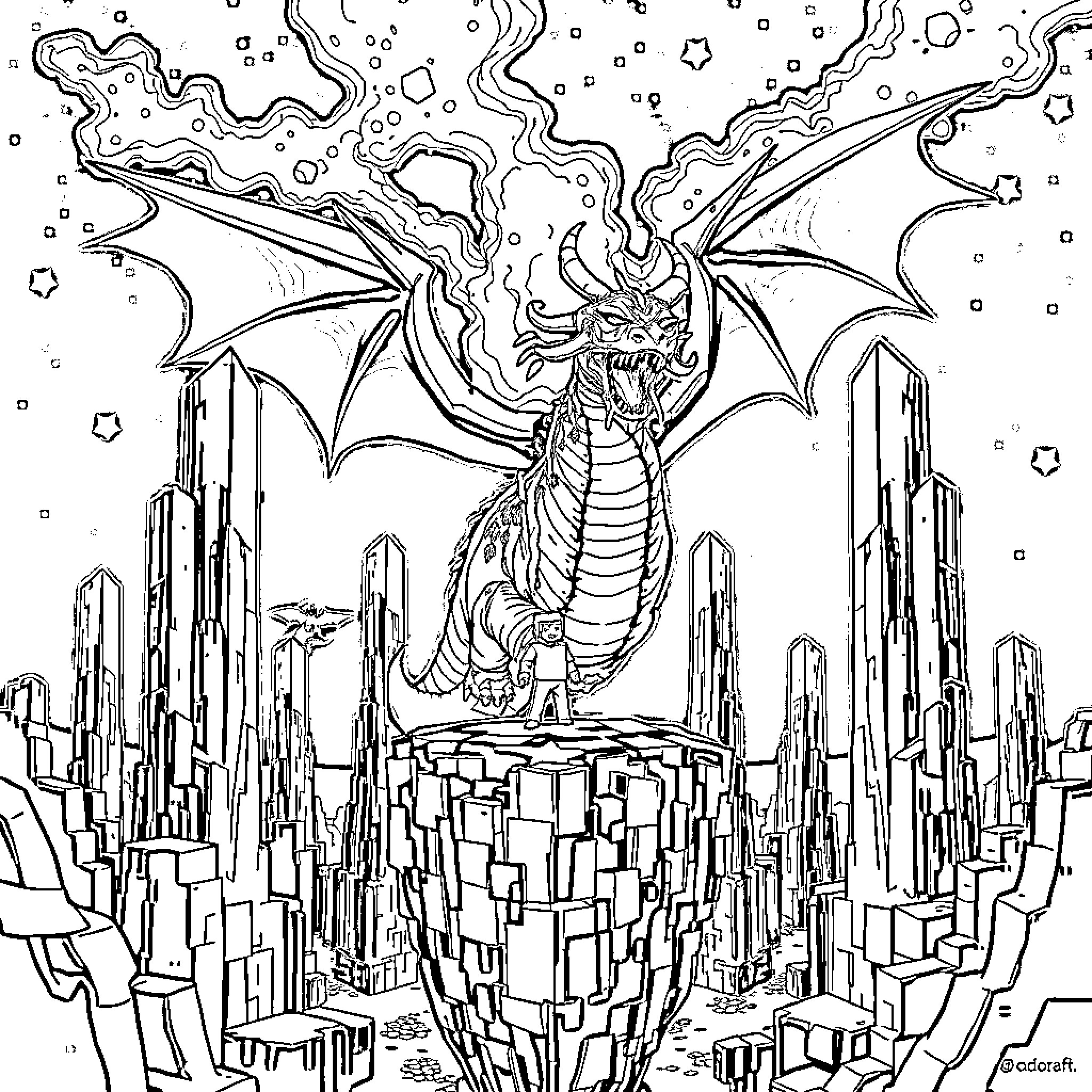 Ender Dragon unleashing fiery fury over the city Coloring Page (free black-and-white line drawing printable PDF for all, from beginners to advanced learners, including children, teens, adults, and seniors)