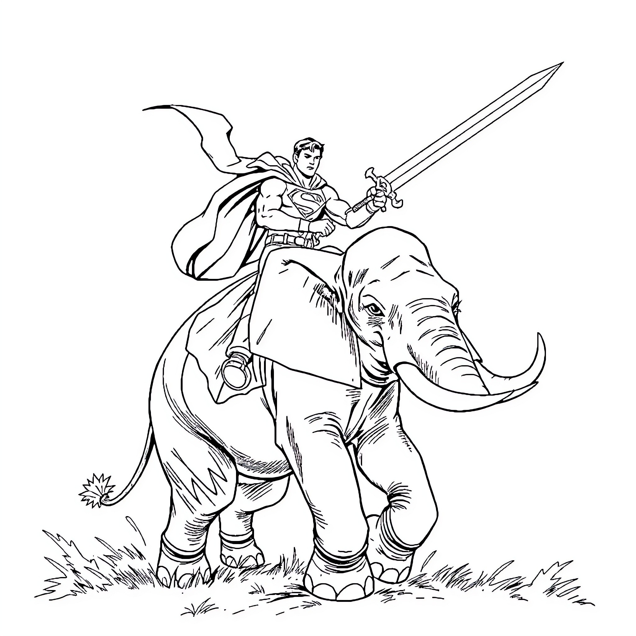 Superman Riding Majestic Elephant in Adventure Coloring Page (free black-and-white line drawing printable PDF for all, from beginners to advanced learners, including children, teens, adults, and seniors)