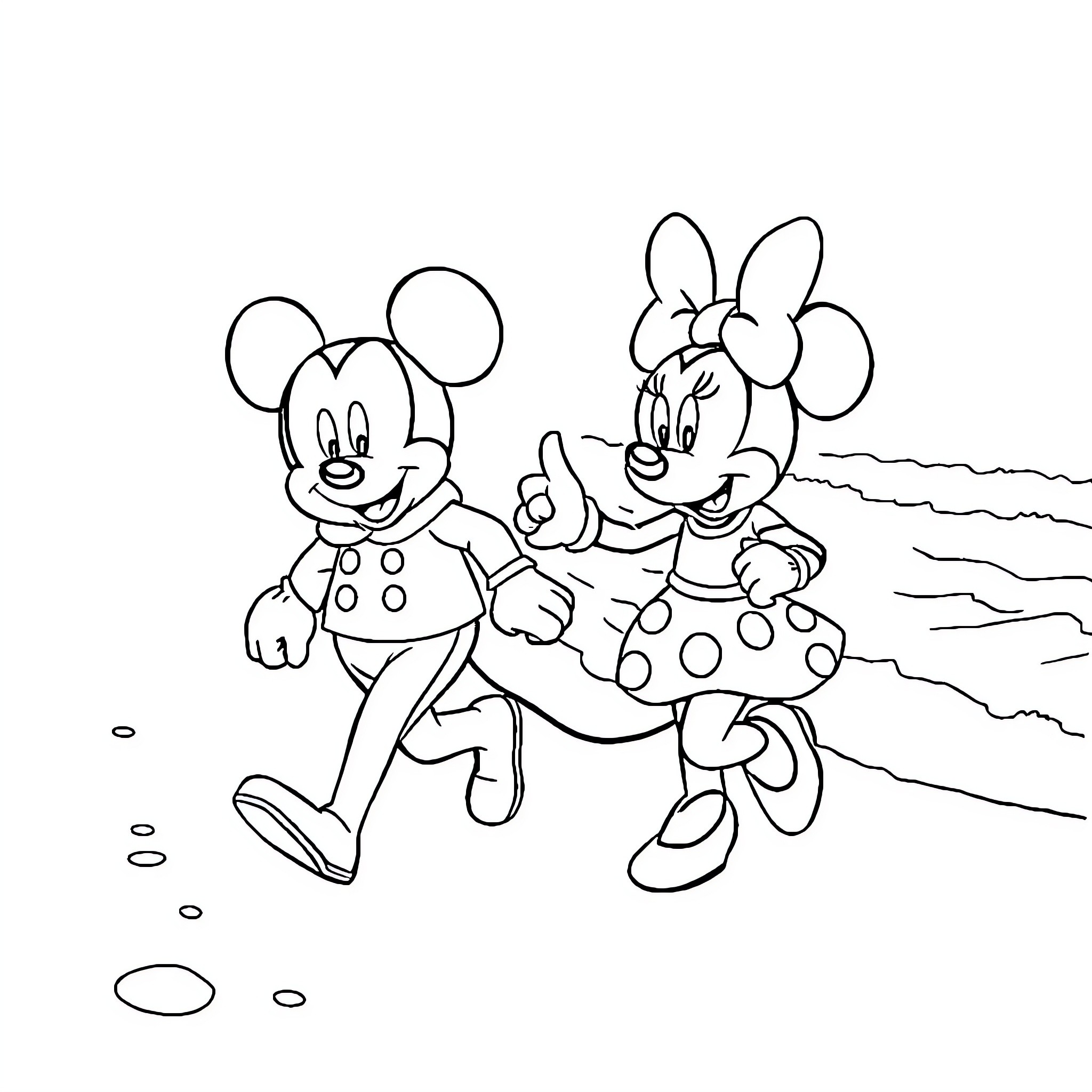 Cinderella and Mickey Mouse enjoy a friendly stroll Coloring Page (free black-and-white line drawing printable PDF for all, from beginners to advanced learners, including children, teens, adults, and seniors)