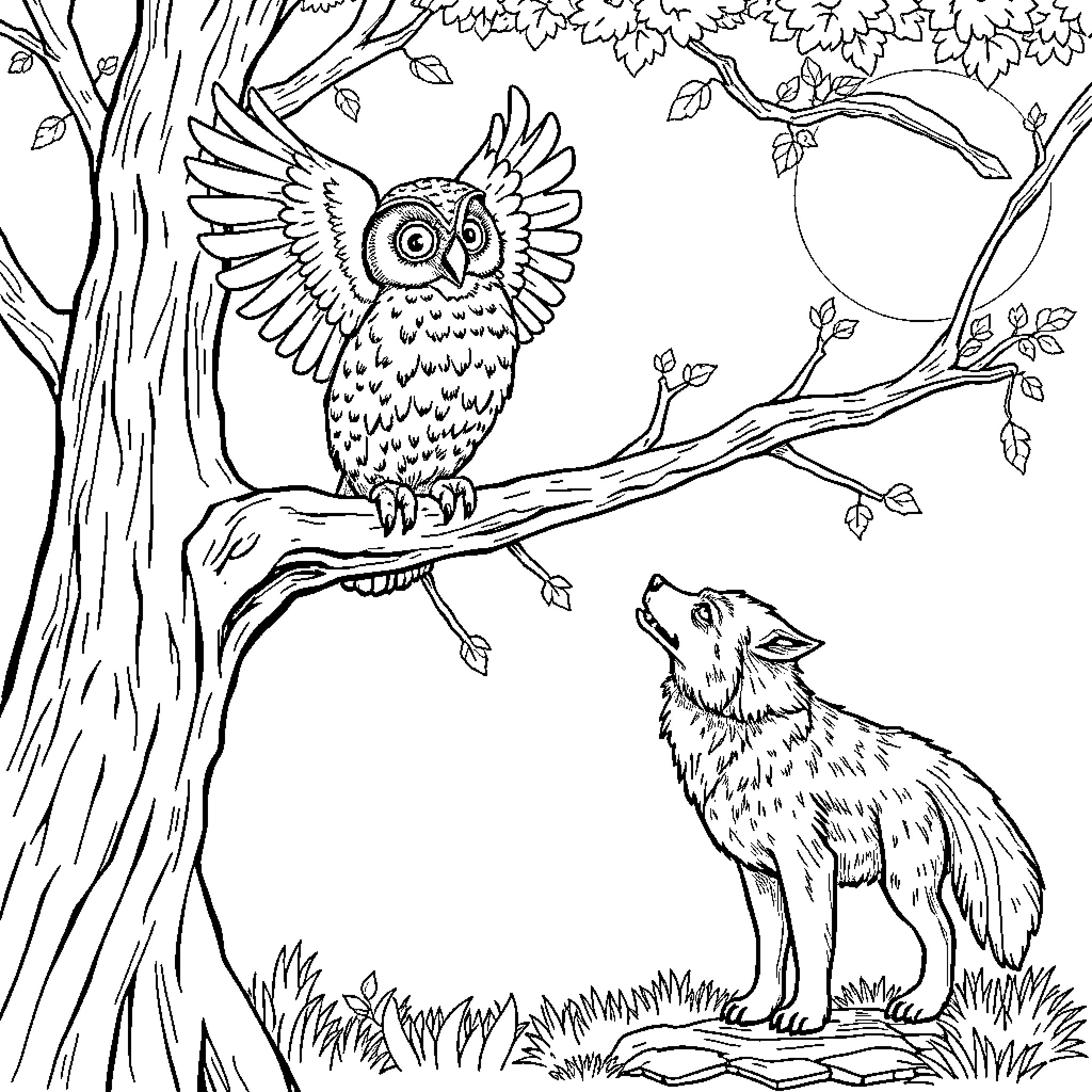 Owl perching on branch watching curious wolf Coloring Page (free black-and-white line drawing printable PDF for all, from beginners to advanced learners, including children, teens, adults, and seniors)