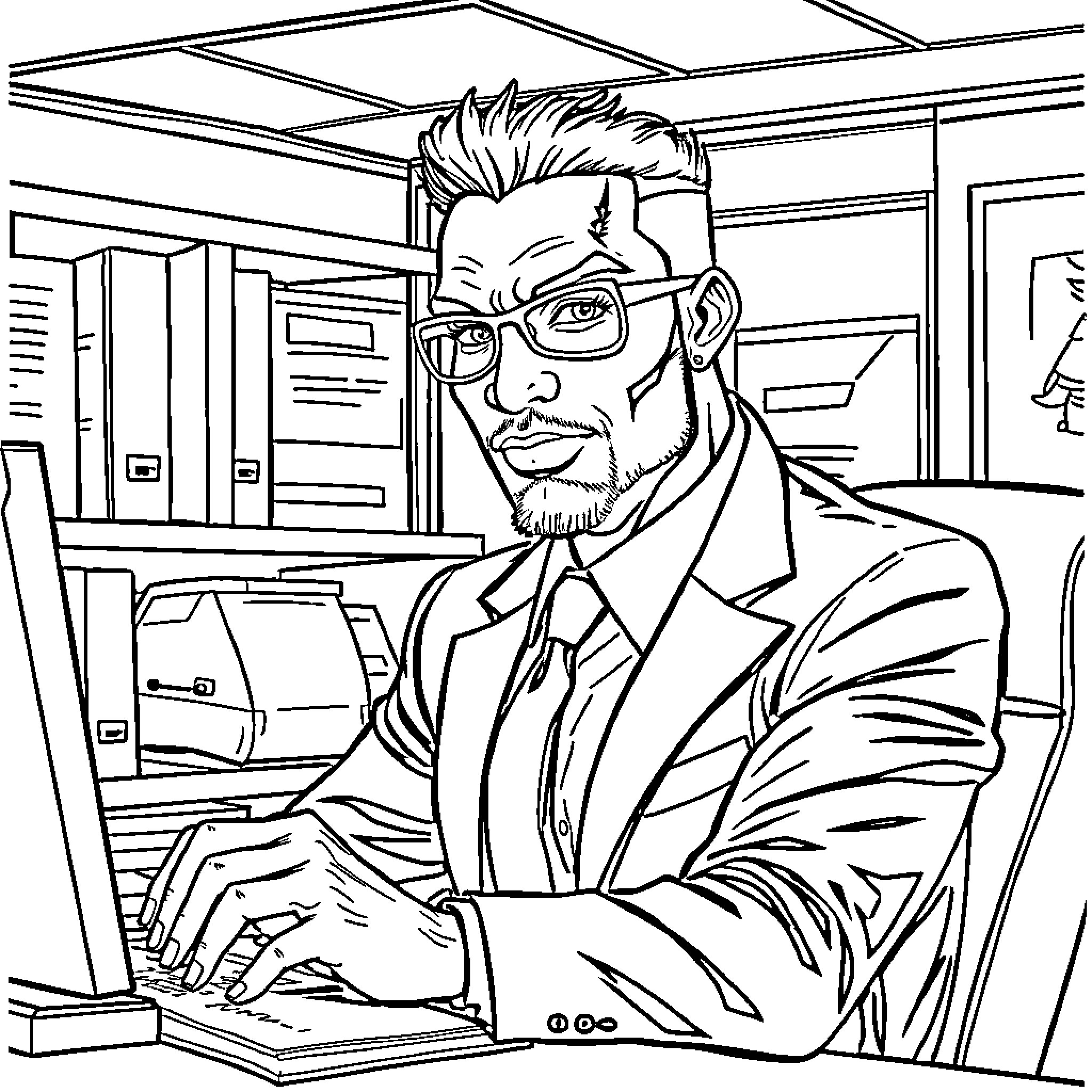 Superhero businessman working diligently at his desk Coloring Page (free black-and-white line drawing printable PDF for all, from beginners to advanced learners, including children, teens, adults, and seniors)