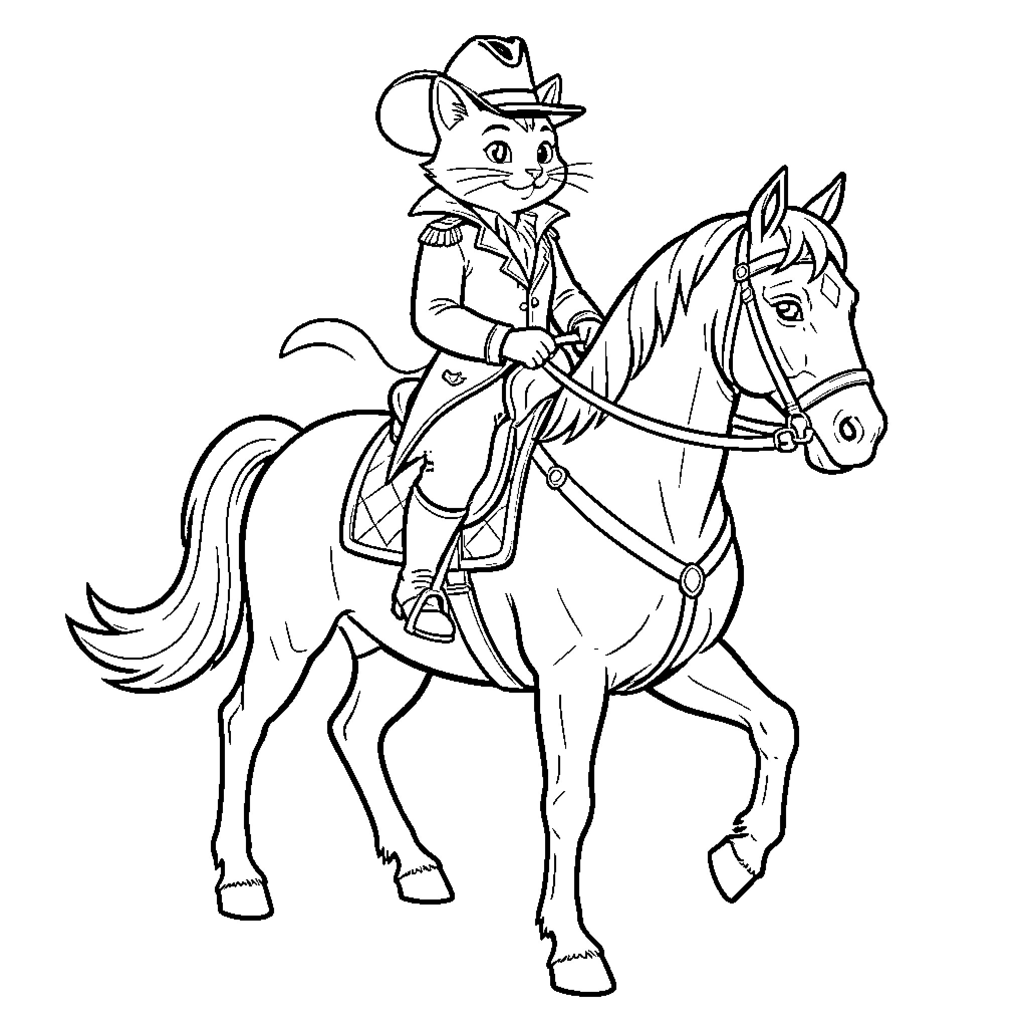 Puss in Boots riding a horse with a determined expression Coloring Page (free black-and-white line drawing printable PDF for all, from beginners to advanced learners, including children, teens, adults, and seniors)