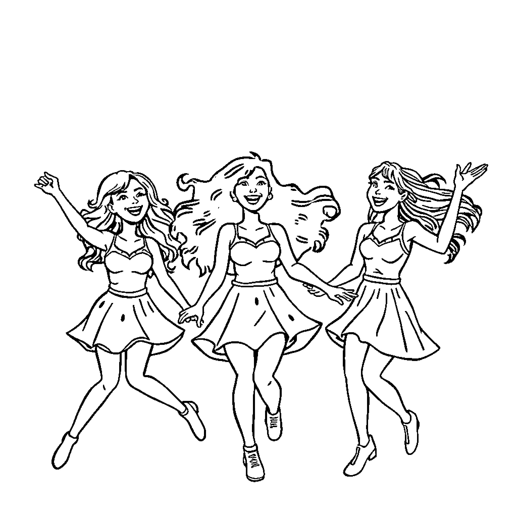 K3 Teenage Girls Dancing Joyfully Coloring Page (free black-and-white line drawing printable PDF for all, from beginners to advanced learners, including children, teens, adults, and seniors)