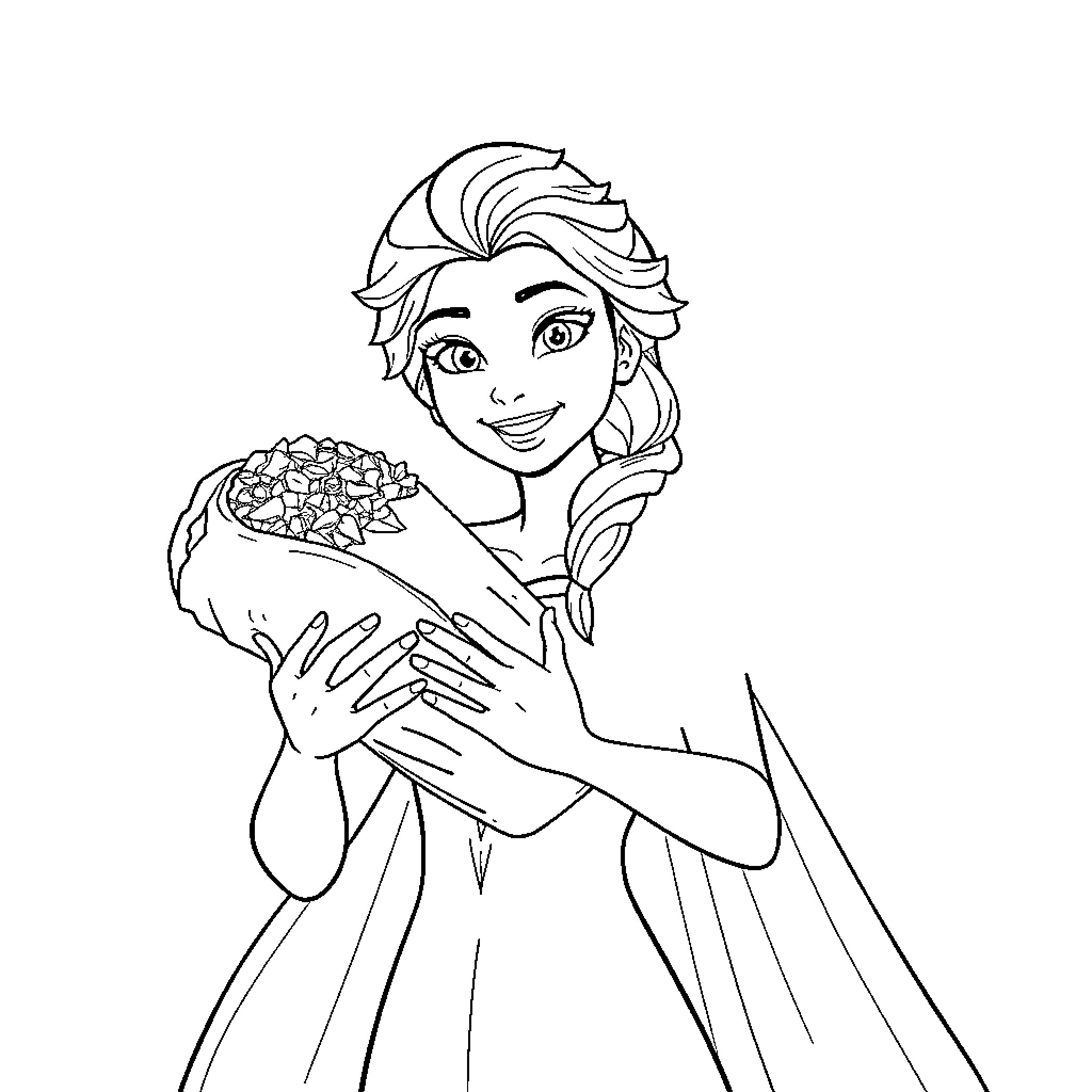 Elsa embracing a beautiful bouquet of flowers Coloring Page (free black-and-white line drawing printable PDF for all, from beginners to advanced learners, including children, teens, adults, and seniors)