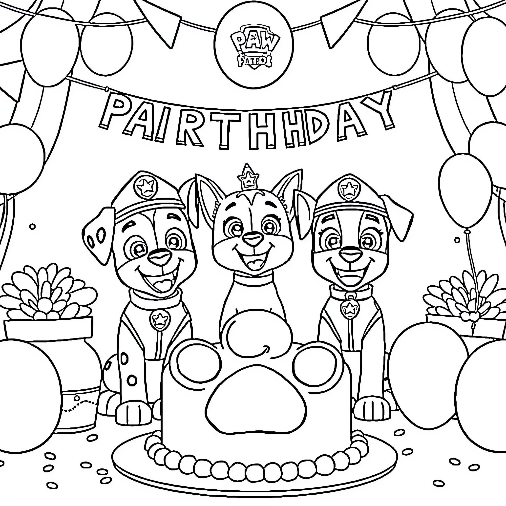 Paw Patrol Characters Celebrating Birthday Party Coloring Page (free black-and-white line drawing printable PDF for all, from beginners to advanced learners, including children, teens, adults, and seniors)