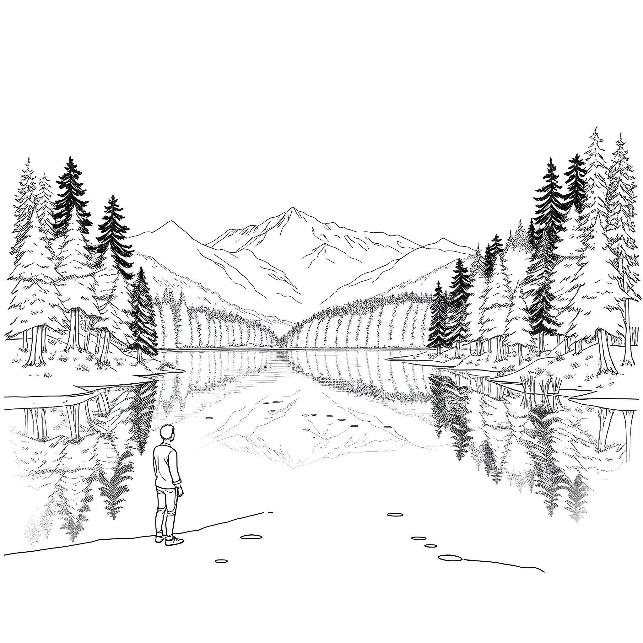 A Peaceful Mountain Landscape with a Tranquil Lake Coloring Page (free black-and-white line drawing printable PDF for all, from beginners to advanced learners, including children, teens, adults, and seniors)
