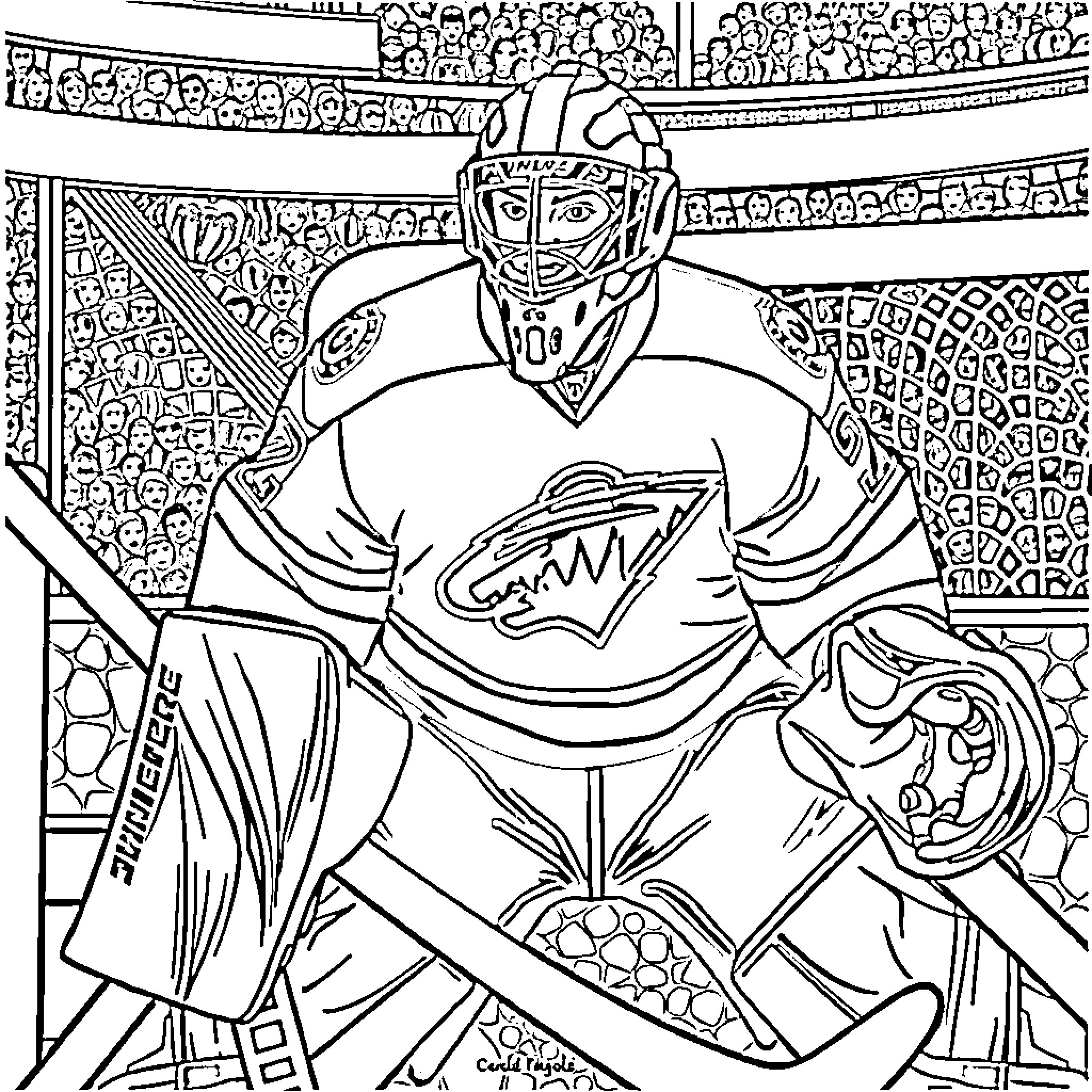 Marc Andre Fleury Making a Save in the Arena Coloring Page (free black-and-white line drawing printable PDF for all, from beginners to advanced learners, including children, teens, adults, and seniors)