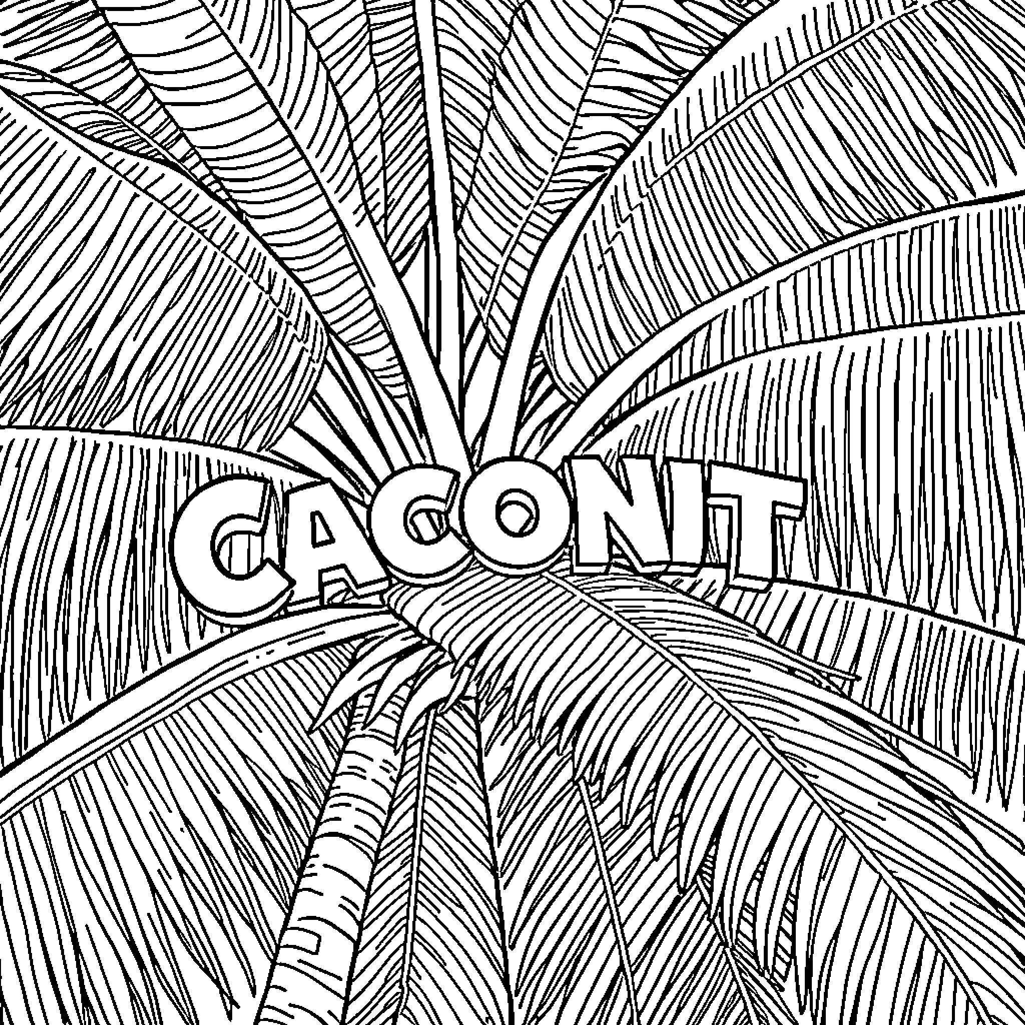 Coconut Tree with Ornate Leaves and Lettering Coloring Page (free black-and-white line drawing printable PDF for all, from beginners to advanced learners, including children, teens, adults, and seniors)