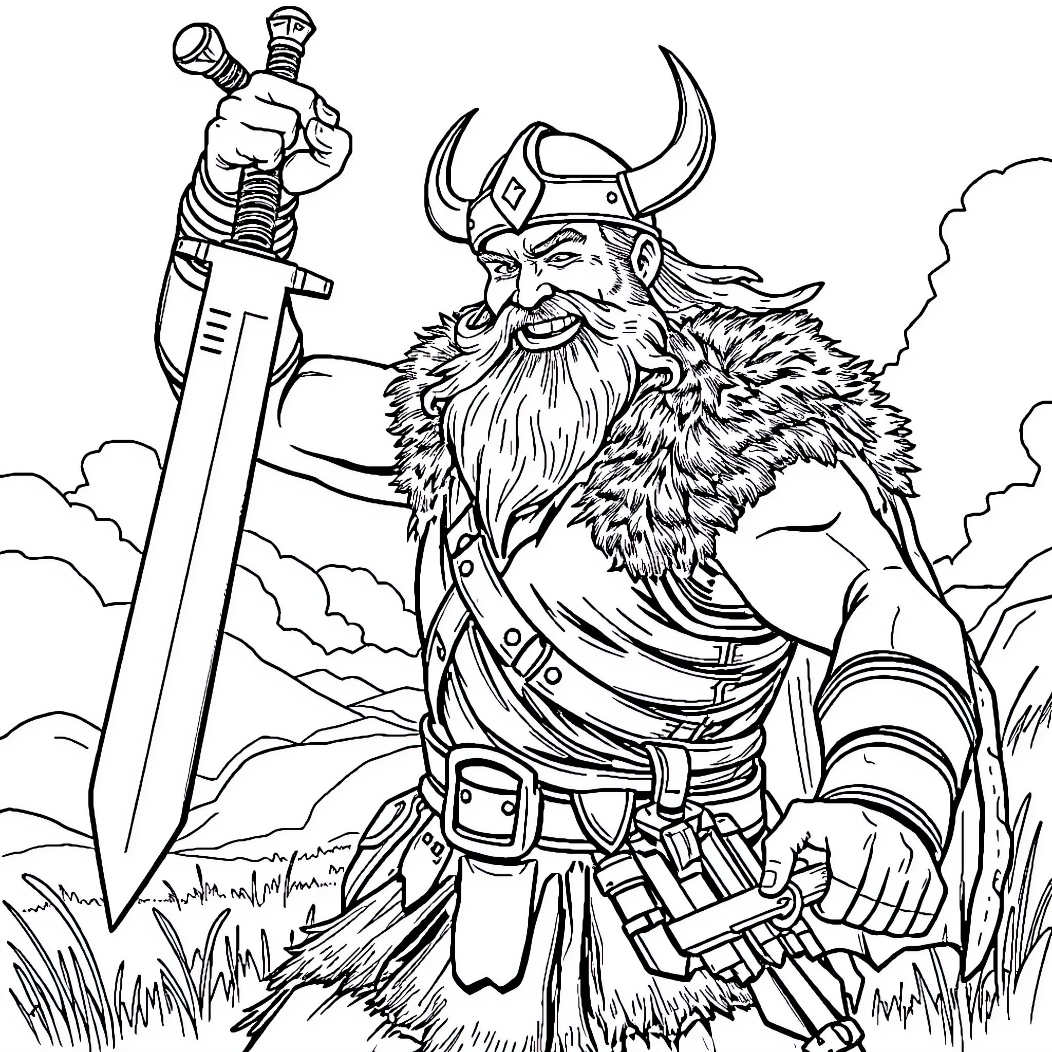 Viking Warrior with Sword and Armor in Landscape Coloring Page (free black-and-white line drawing printable PDF for all, from beginners to advanced learners, including children, teens, adults, and seniors)