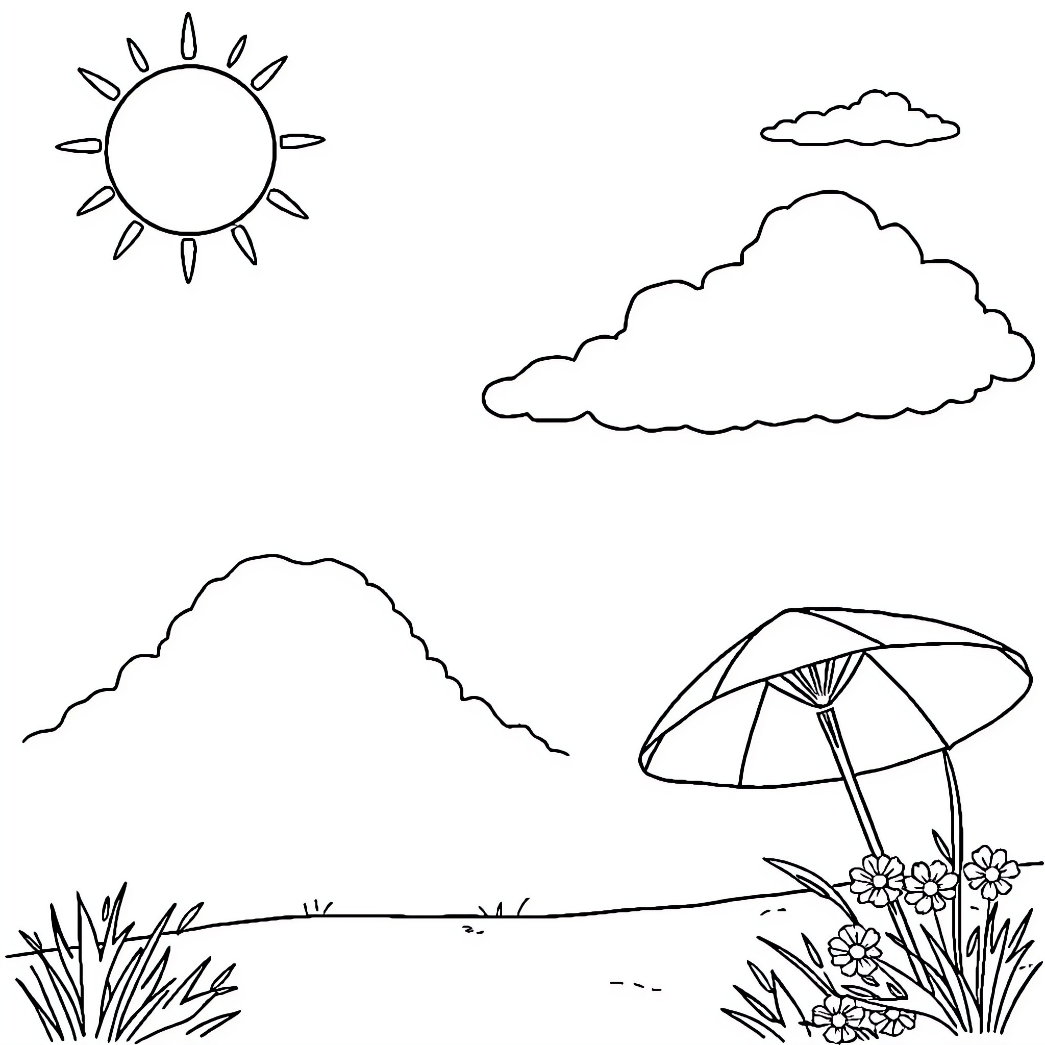 Summer scenic elements Coloring Page (free black-and-white line drawing printable PDF for all, from beginners to advanced learners, including children, teens, adults, and seniors)