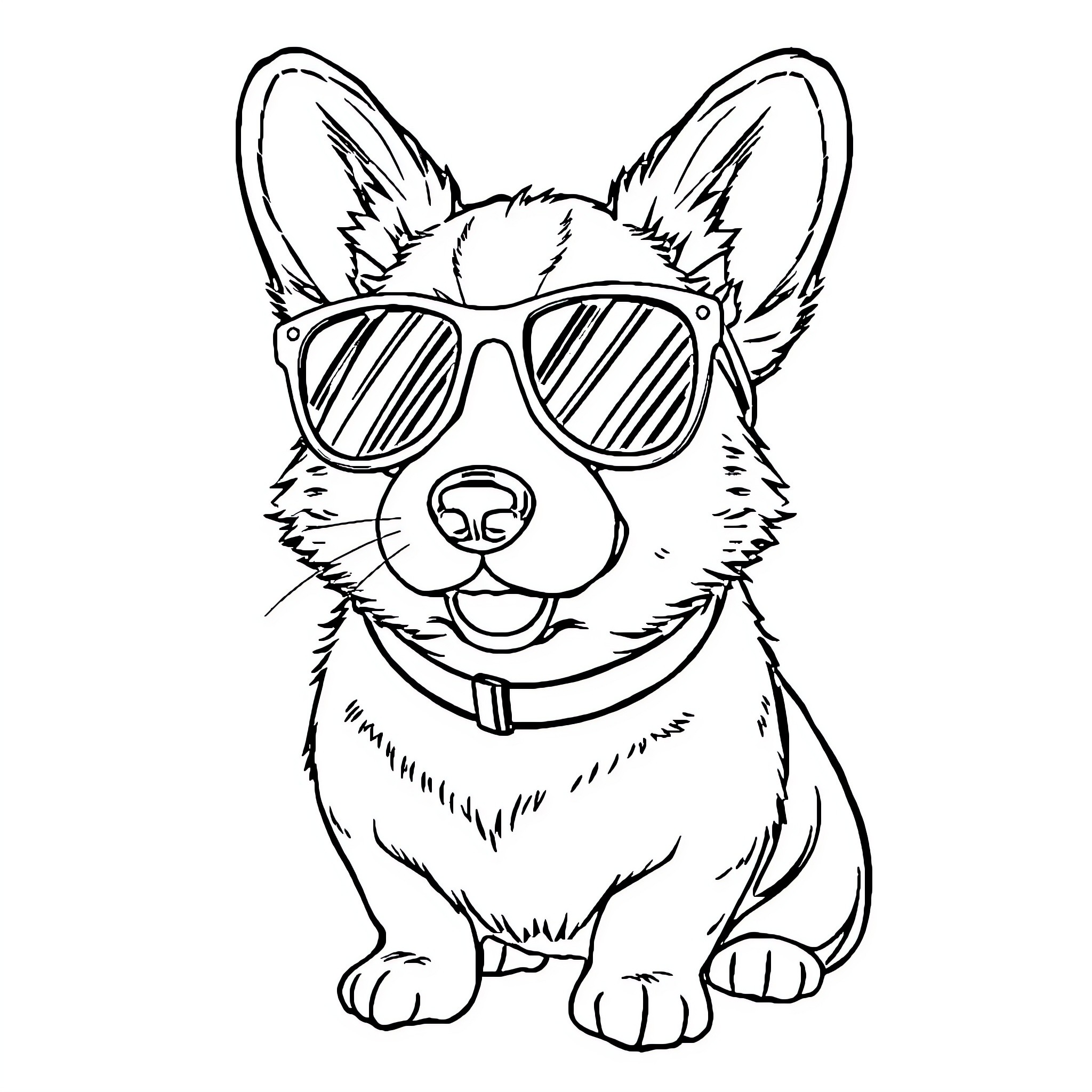 Corgi wearing sunglasses and looking happy Coloring Page (free black-and-white line drawing printable PDF for all, from beginners to advanced learners, including children, teens, adults, and seniors)