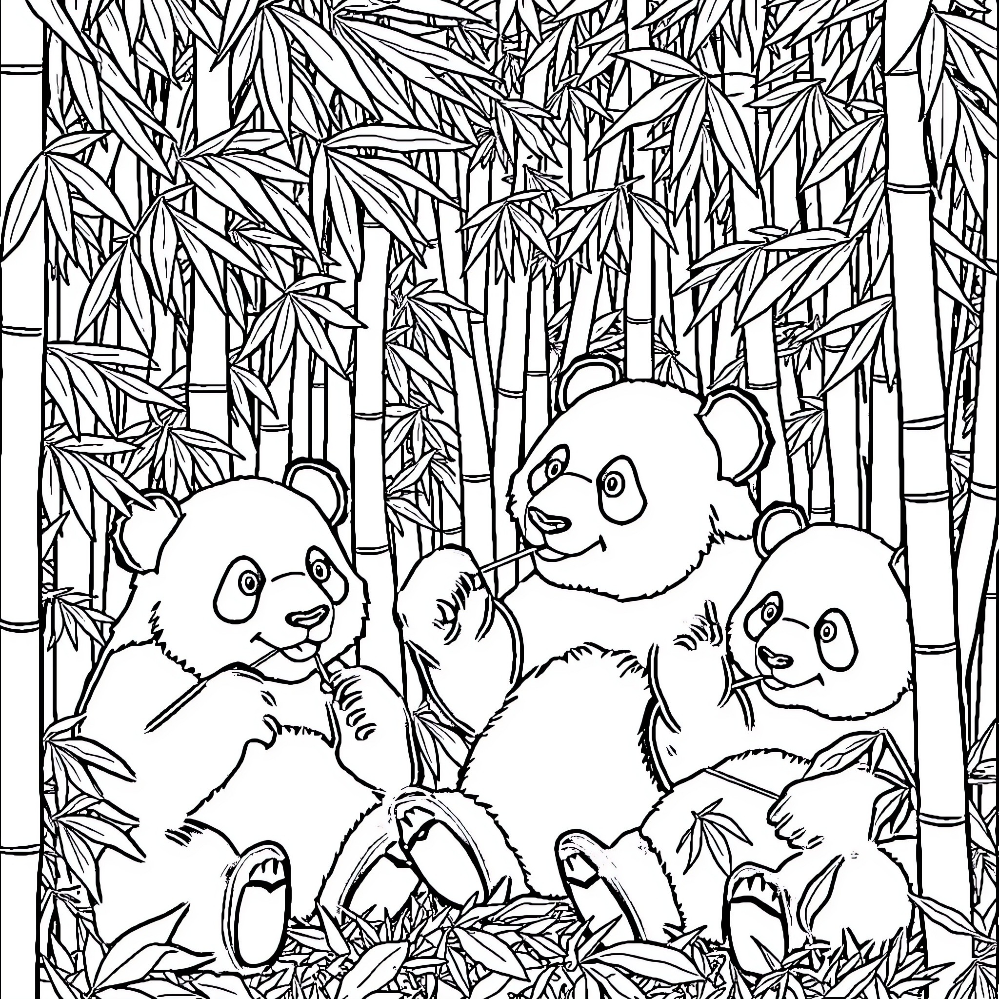 Panda family playing in bamboo forest Coloring Page (free black-and-white line drawing printable PDF for all, from beginners to advanced learners, including children, teens, adults, and seniors)