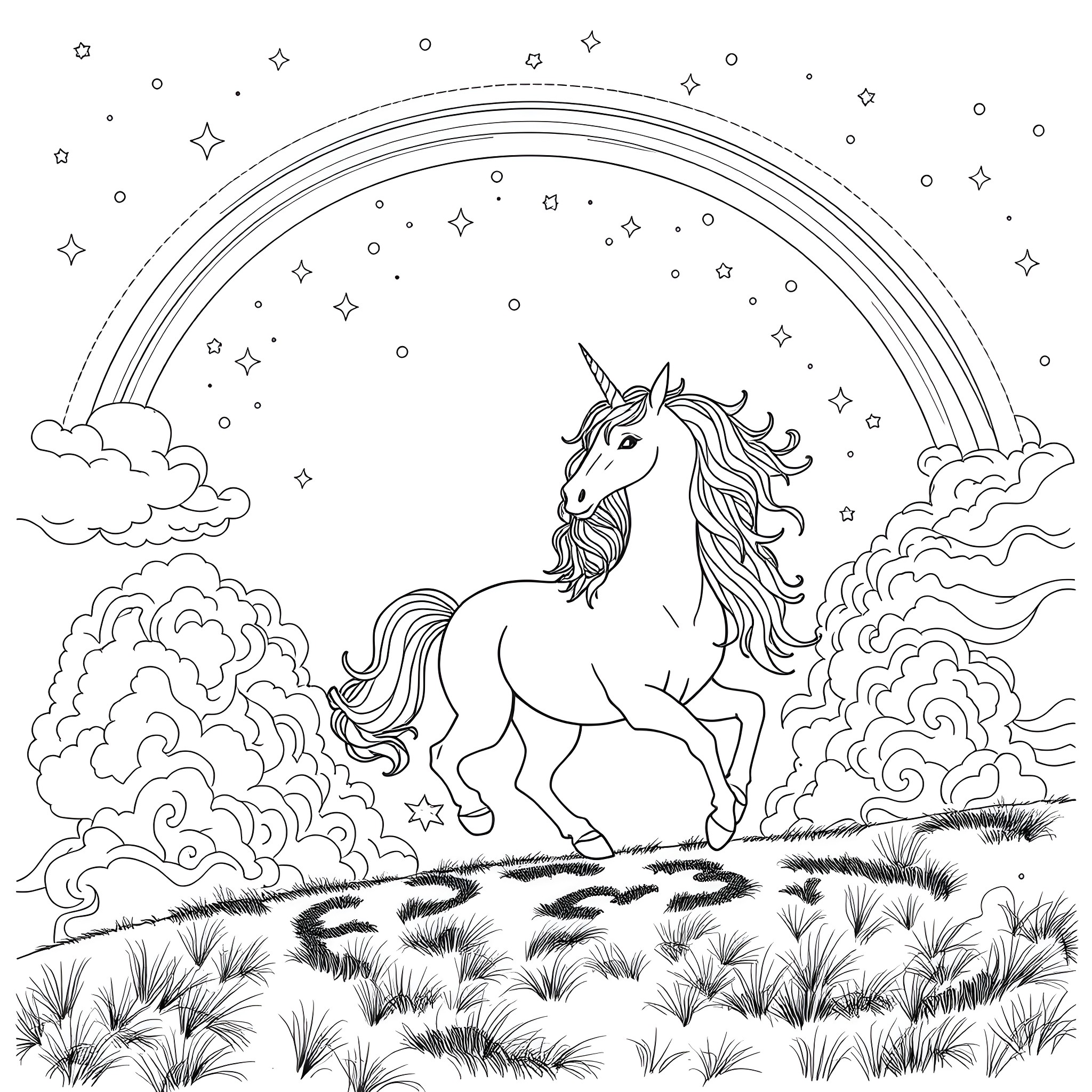 Unicorn galloping through a magical landscape Coloring Page (free black-and-white line drawing printable PDF for all, from beginners to advanced learners, including children, teens, adults, and seniors)