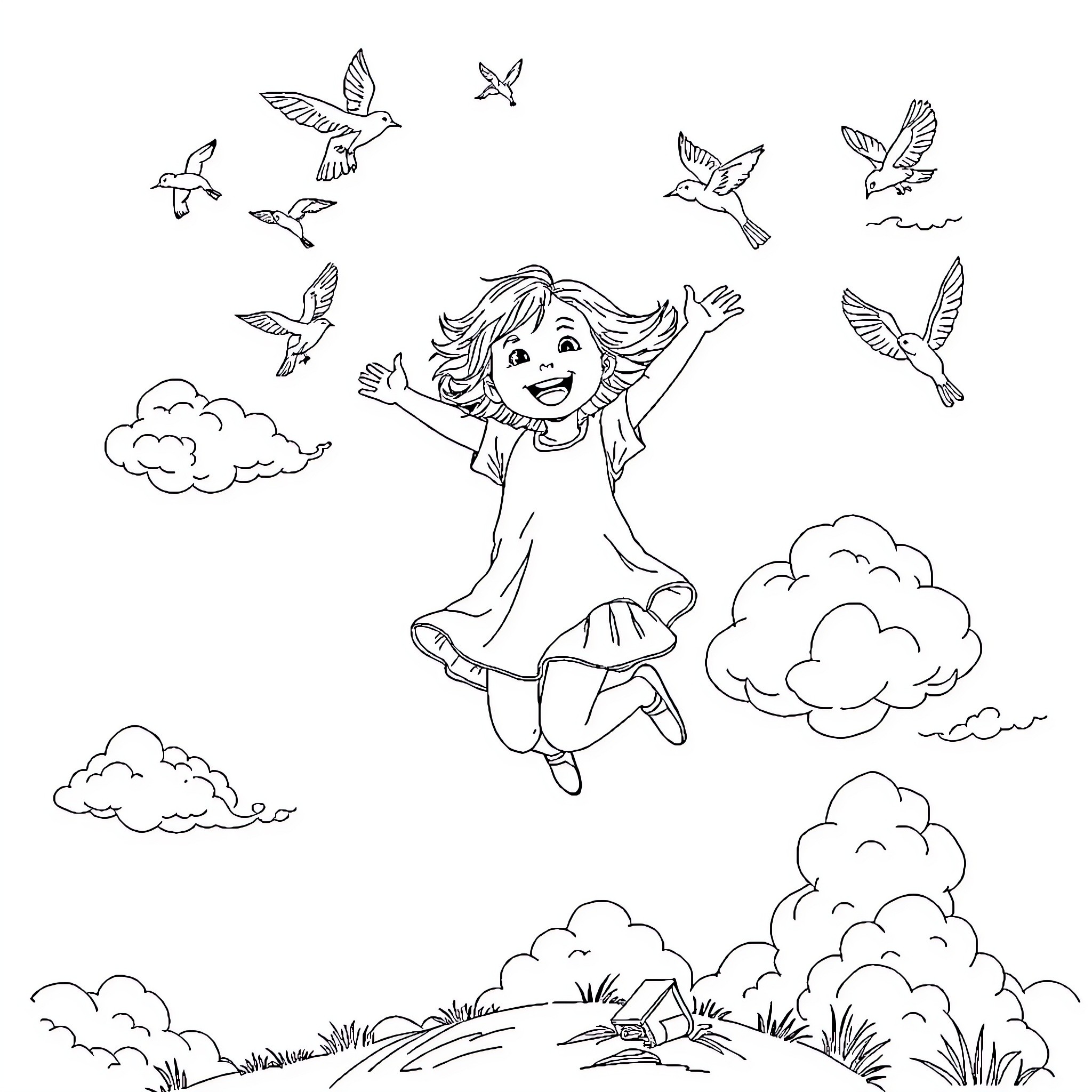 Girl joyfully jumping with birds in the sky Coloring Page (free black-and-white line drawing printable PDF for all, from beginners to advanced learners, including children, teens, adults, and seniors)