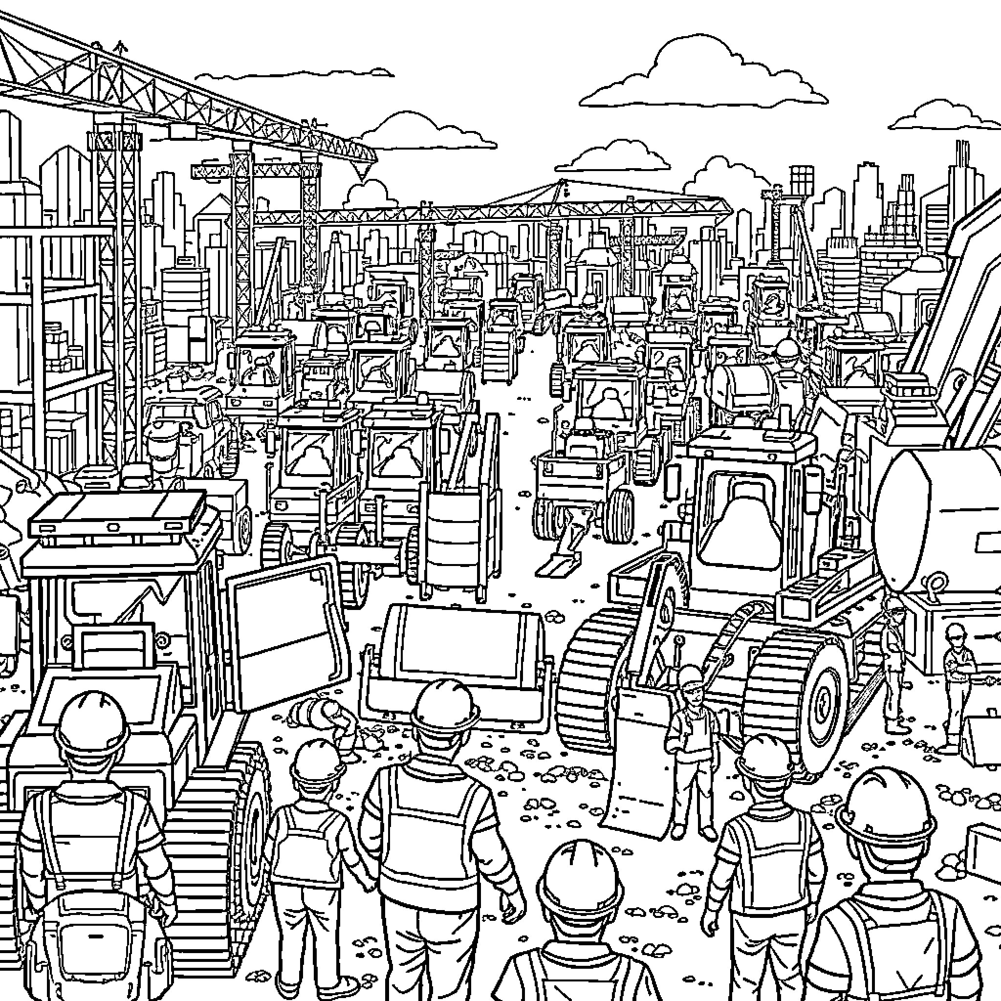 Machine City Construction Site Coloring Page (free black-and-white line drawing printable PDF for all, from beginners to advanced learners, including children, teens, adults, and seniors)