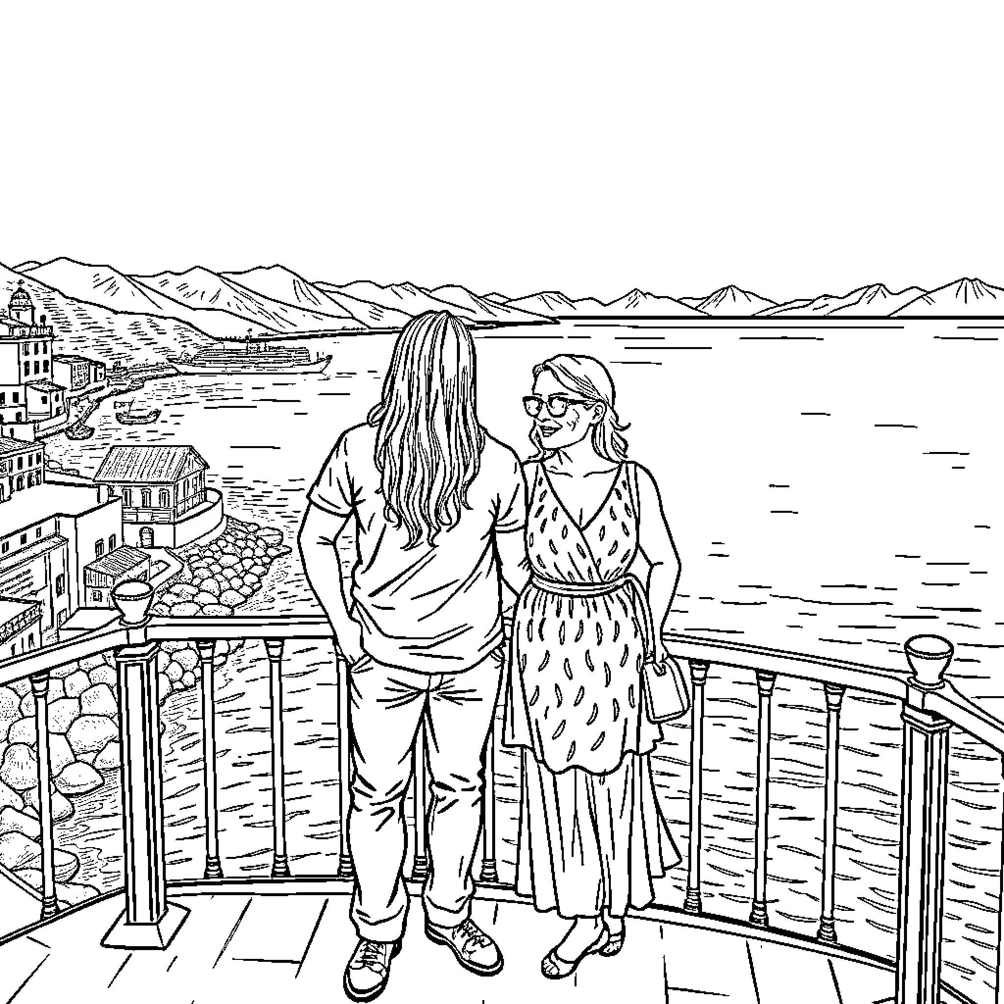 Giorgia Meloni and companion admiring scenic view Coloring Page (free black-and-white line drawing printable PDF for all, from beginners to advanced learners, including children, teens, adults, and seniors)