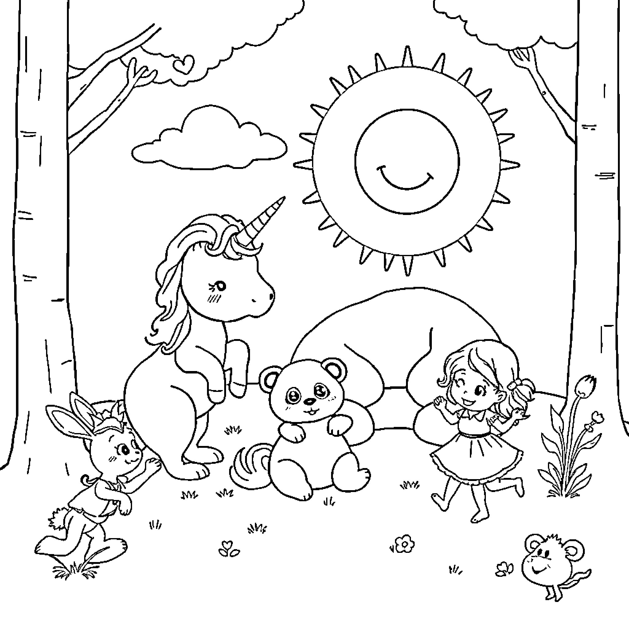 Girl playing with unicorn and animals in nature Coloring Page (free black-and-white line drawing printable PDF for all, from beginners to advanced learners, including children, teens, adults, and seniors)