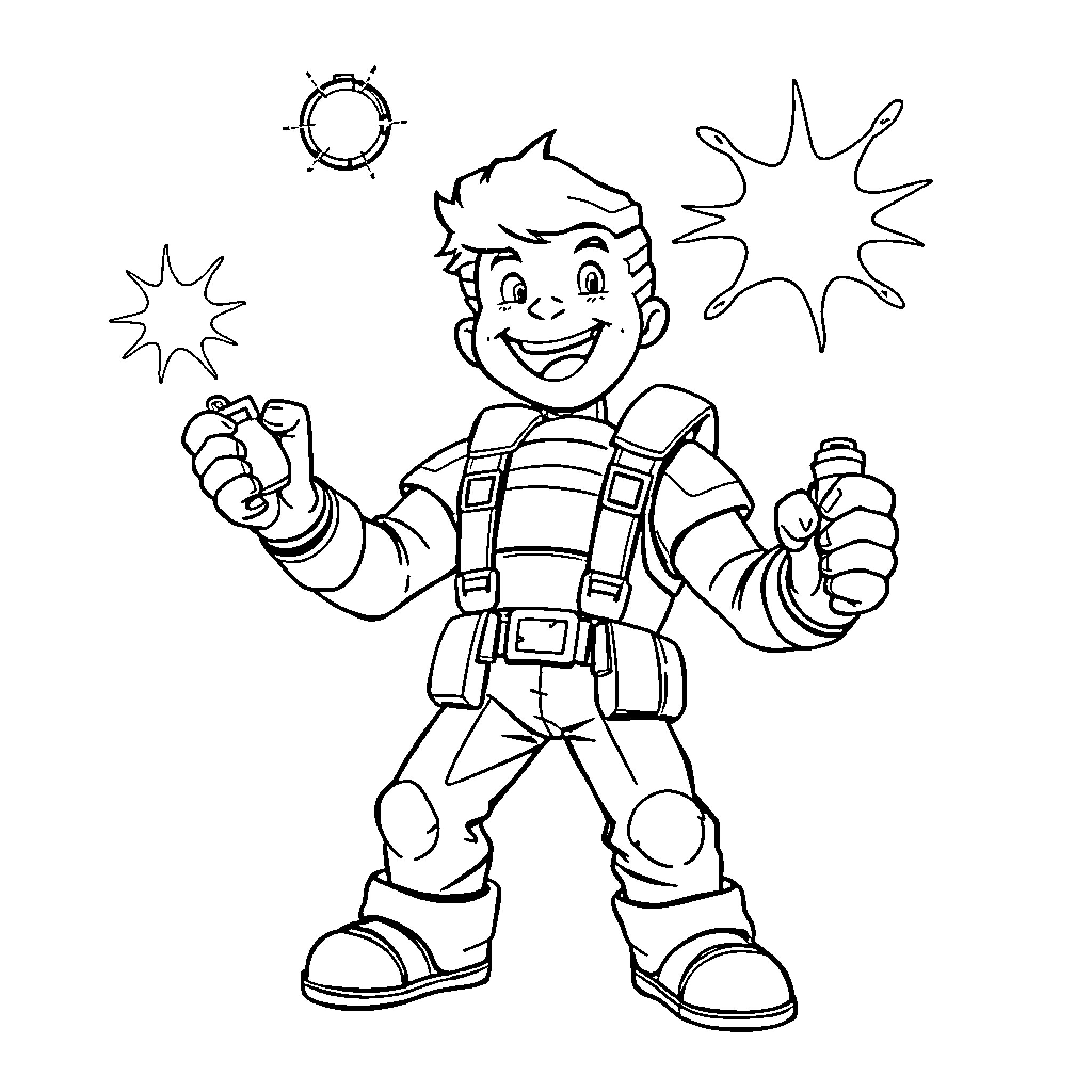 Vault Boy's playful and energetic pose Coloring Page (free black-and-white line drawing printable PDF for all, from beginners to advanced learners, including children, teens, adults, and seniors)
