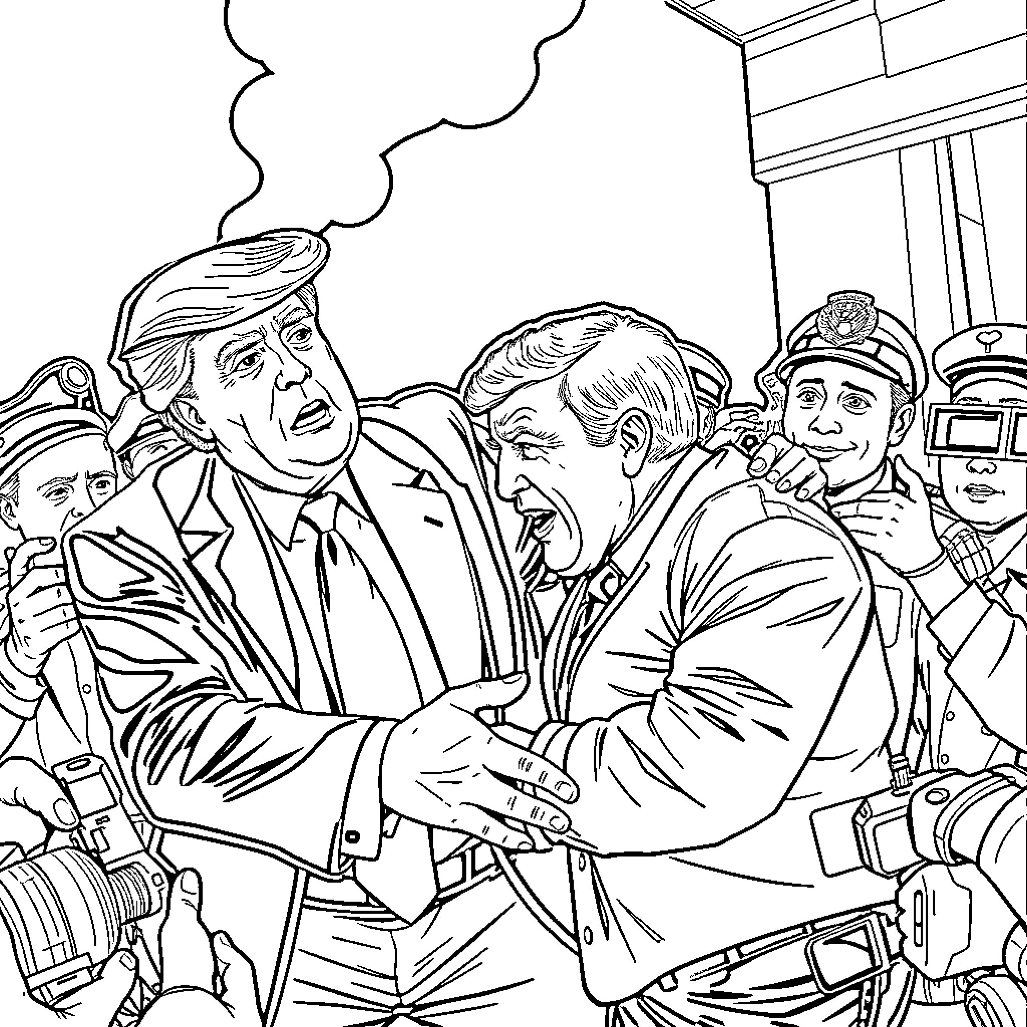 Trump Confronted by Law Enforcement Officials Coloring Page (free black-and-white line drawing printable PDF for all, from beginners to advanced learners, including children, teens, adults, and seniors)