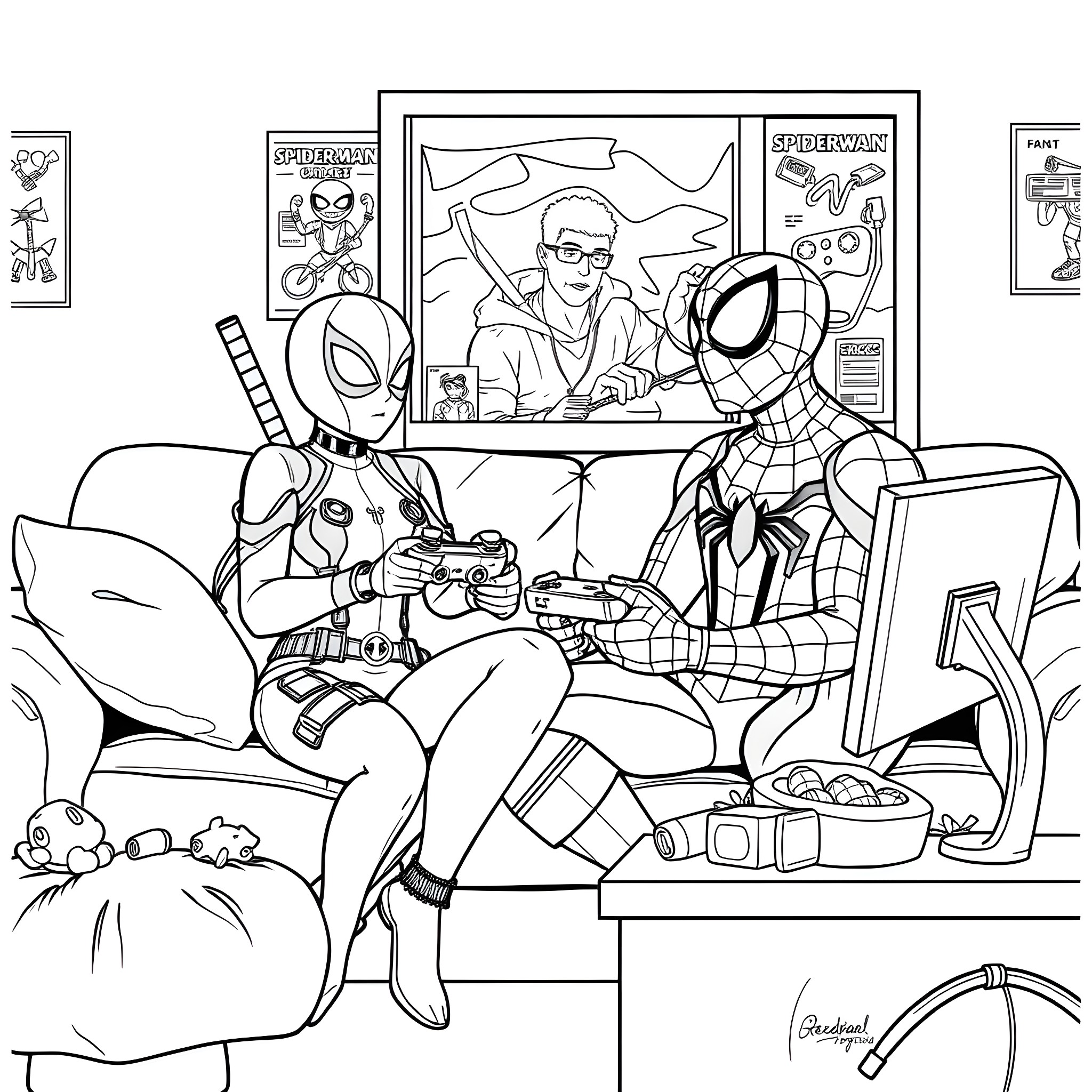 Gwenpool's Playful Antics with Spider-Man Memorabilia Coloring Page (free black-and-white line drawing printable PDF for all, from beginners to advanced learners, including children, teens, adults, and seniors)