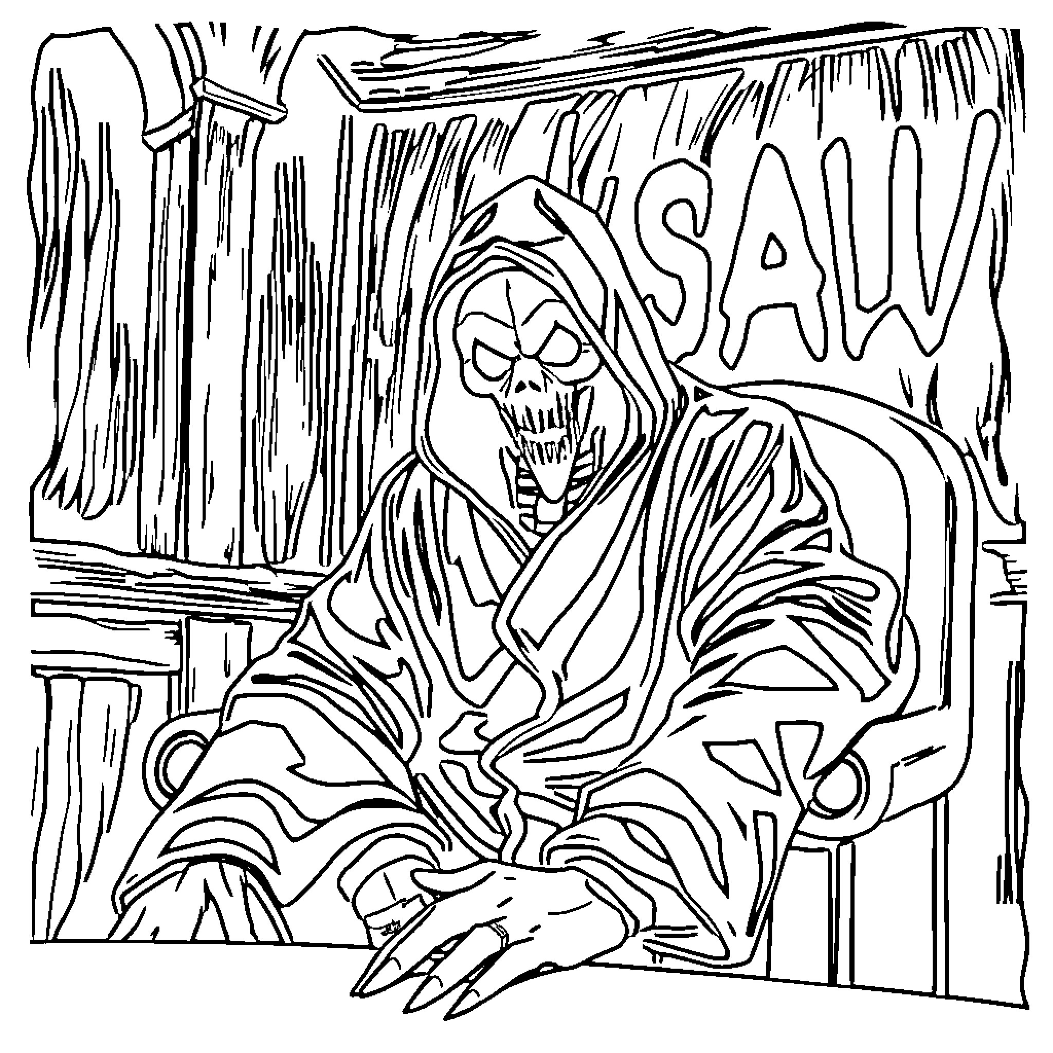 Jigsaw Puzzle of Spooky Grim Reaper in Ominous Setting Coloring Page (free black-and-white line drawing printable PDF for all, from beginners to advanced learners, including children, teens, adults, and seniors)