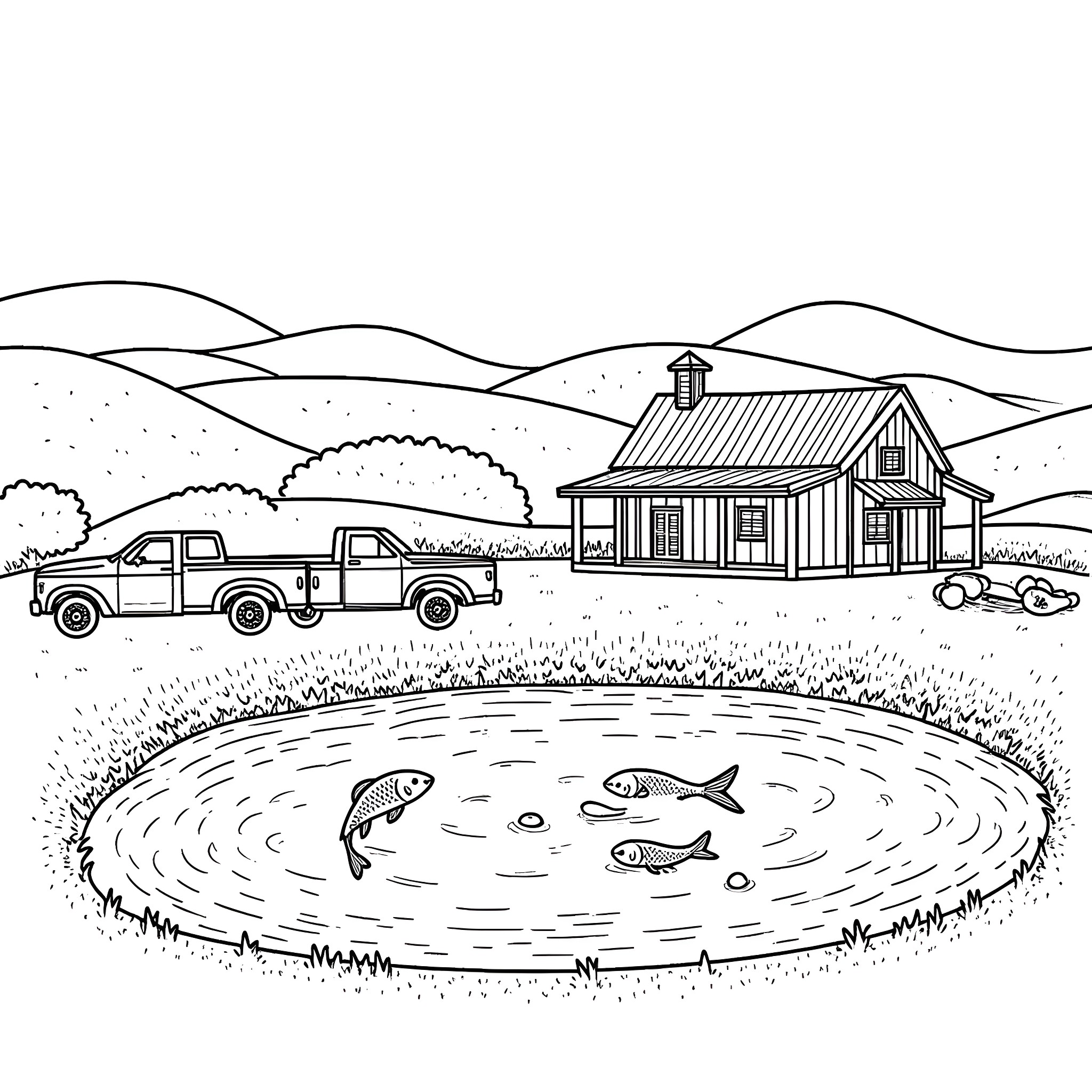 Farmhouse with trucks and pond Coloring Page (free black-and-white line drawing printable PDF for all, from beginners to advanced learners, including children, teens, adults, and seniors)