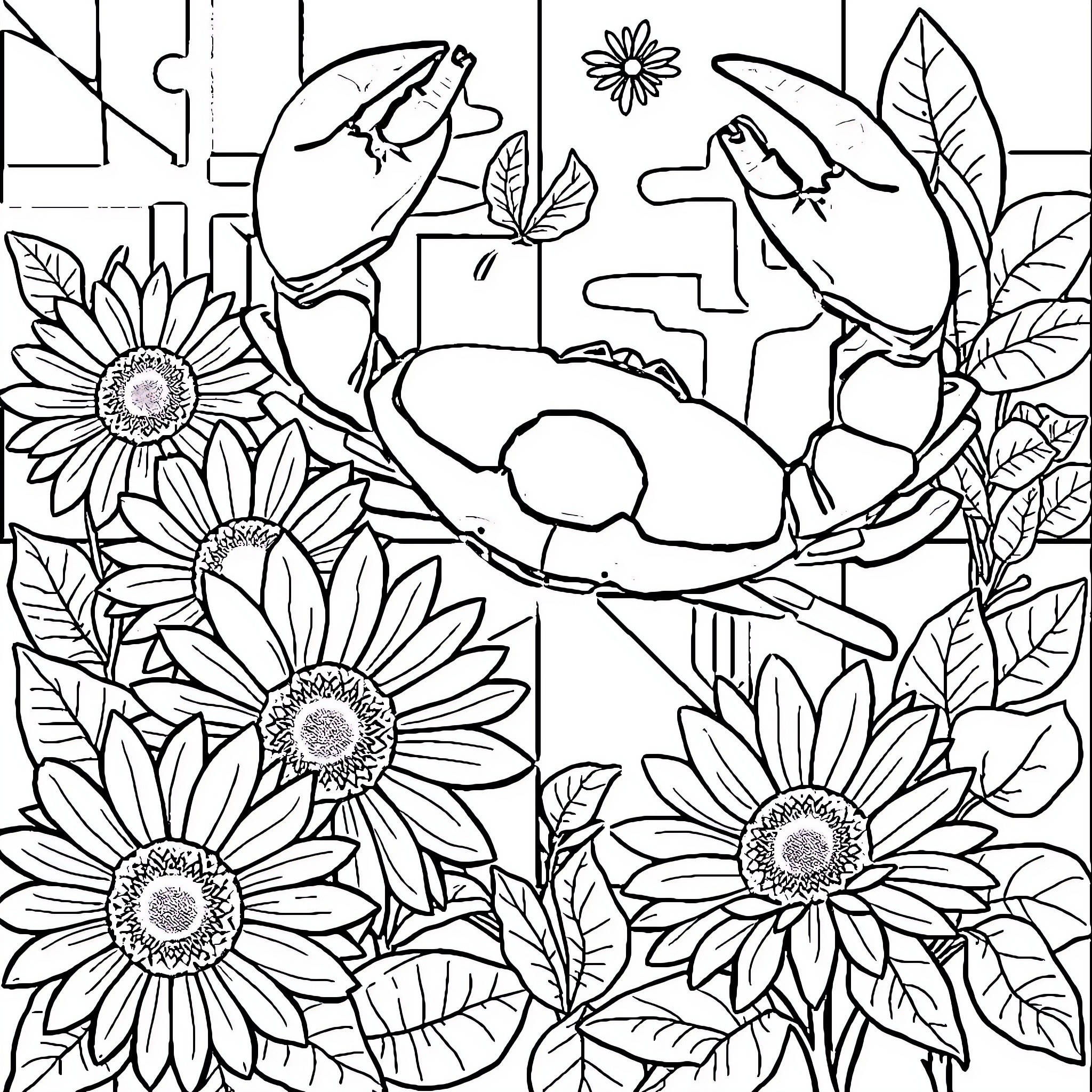 Maryland Crabs and Sunflowers in Garden Scene Coloring Page (free black-and-white line drawing printable PDF for all, from beginners to advanced learners, including children, teens, adults, and seniors)